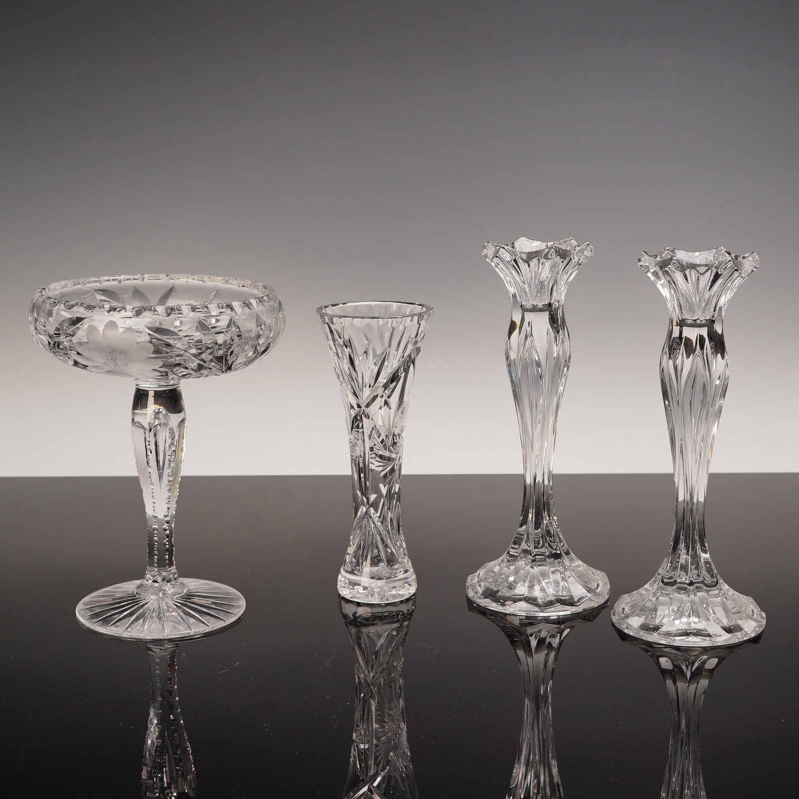 4pc Cut Glass Compote, Vase, and Pair of Candleholders (1 of 5)