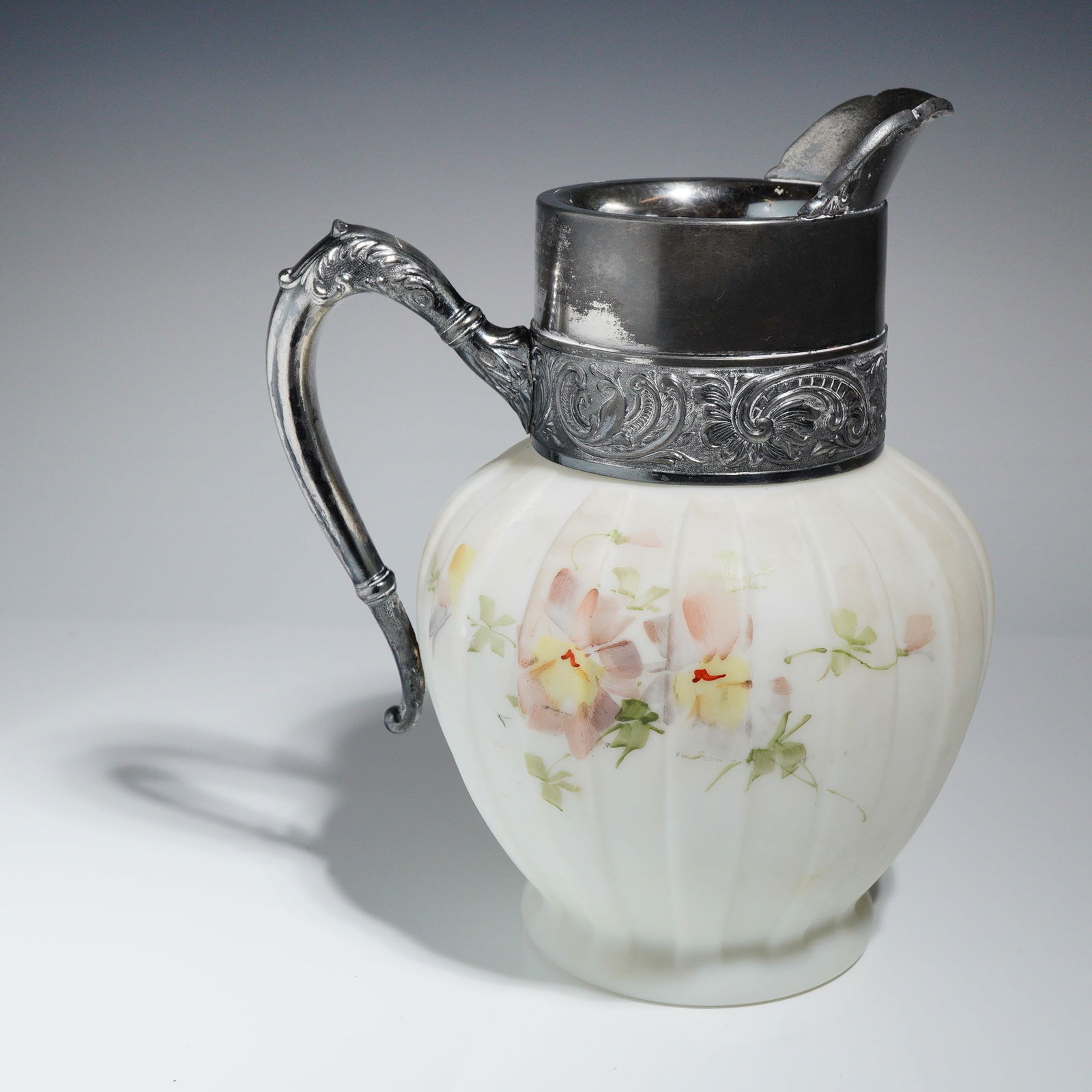 A Victorian Milk Glass Pitcher Jug with Silver-Plated Mounts (1 of 3)