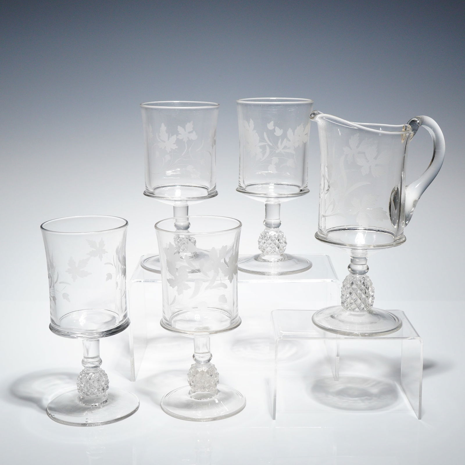A Collection of 5 Ripley & Co. EAPG Pavonia Pattern Glass Tableware: A collection of five pieces of Early American Pattern Glass (EAPG) in the Pavonia pattern, manufactured by Ripley & Co. (later U.S. Glass). The 5pc set comprises one creamer or small pitcher with an a