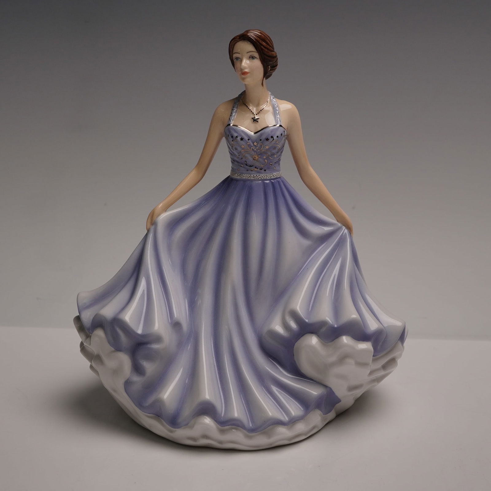 Royal Doulton Figurine, Beautiful Wishes HN5822: Hand decorated bone china figurine titled Beautiful Wishes, HN5822, by Royal Doulton. Features a woman in a flowing periwinkle gown accented with a necklace with a star pendant. Royal Doulton backstam