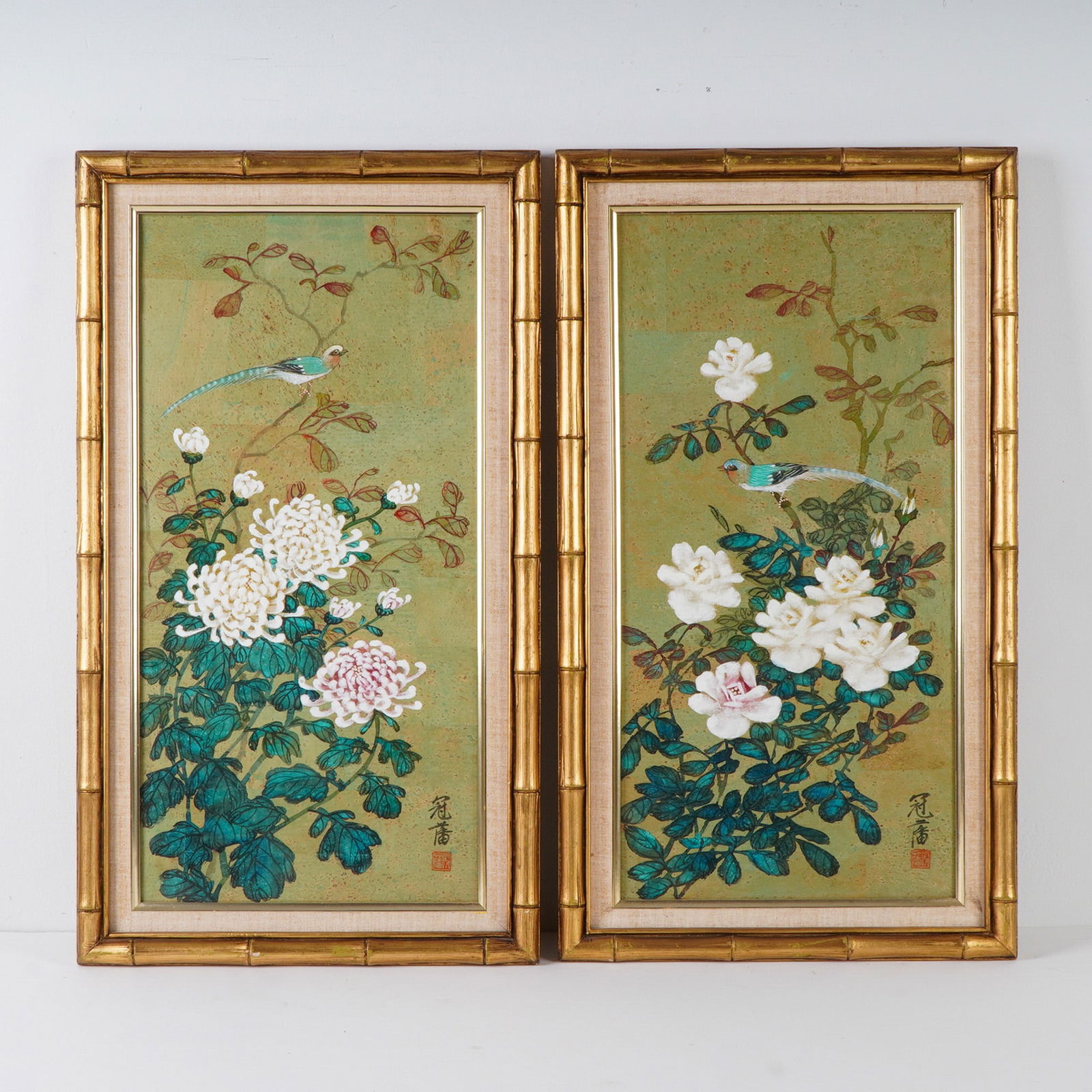 2pc Chinese Gouache and Watercolor on Paper, Floral with Birds, Signed: A captivating pair of Chinese gouache and watercolor paintings on paper, each depicting an elegant composition of blooming chrysanthemums and camellias intertwined with delicate branches, visited by v