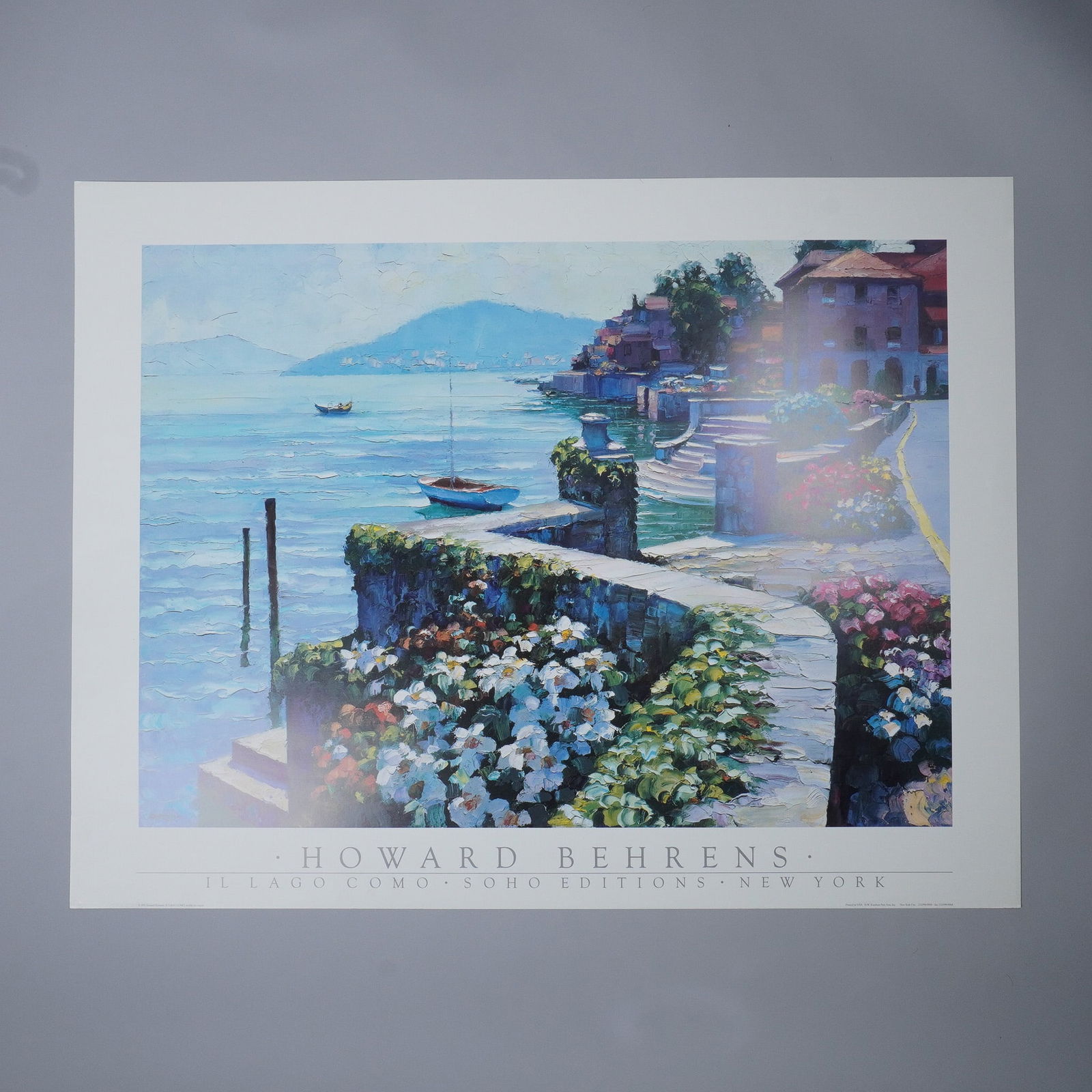 Howard Behrens Print, Il Lago Como: A vibrant print by Howard Behrens titled Il Lago Como, published by Soho Editions, New York. Known for his signature palette knife technique, Behrens captures the beauty of Lake Como with its serene w