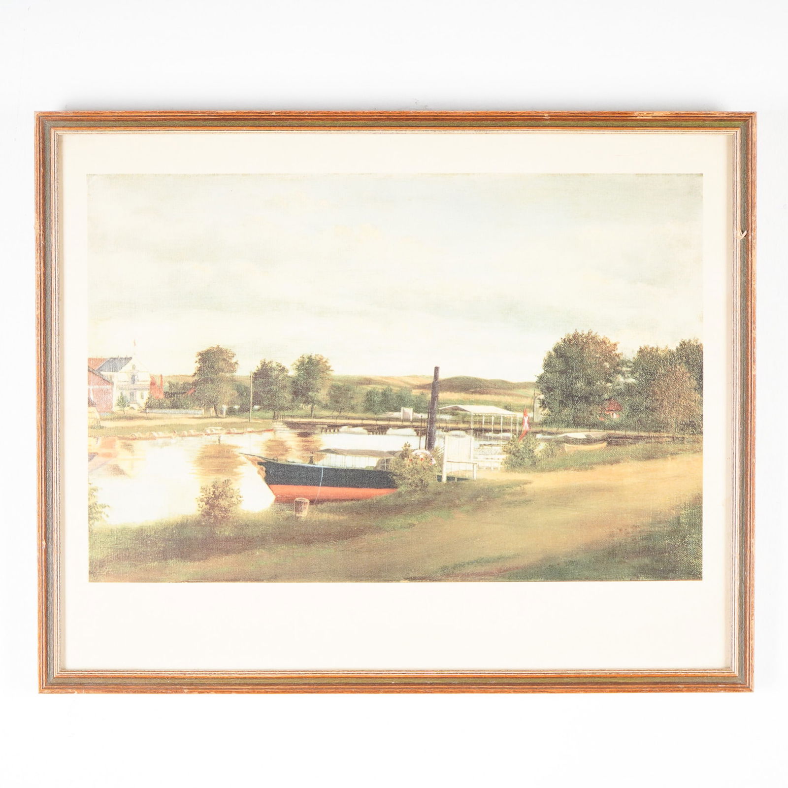 The 100 Years Old Tourist Steamer, Hjejlen, Print: Framed print of the historic Danish paddle-steamer "Hjejlen," based on an 1894 painting by E.G. Bruun. The original artwork was owned by Mr. Hansen of Silkeborg and depicts the oldest operational padd