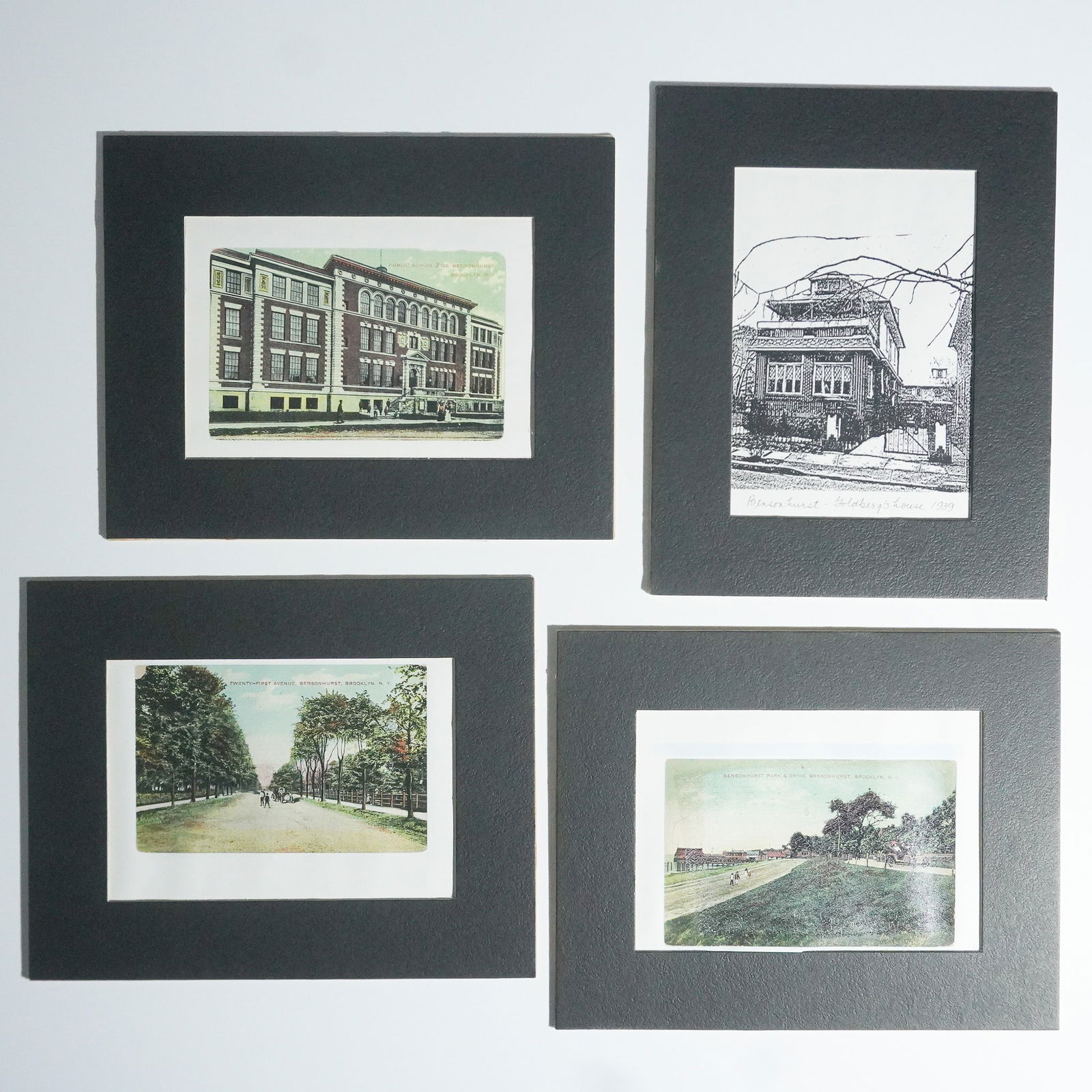4pc Bensonhurst Brooklyn Historic Print Lot: Group of four matted vintage and reproduction prints depicting early 20th-century views from Bensonhurst, Brooklyn. The collection includes a printed black and white sketch of a residential building t