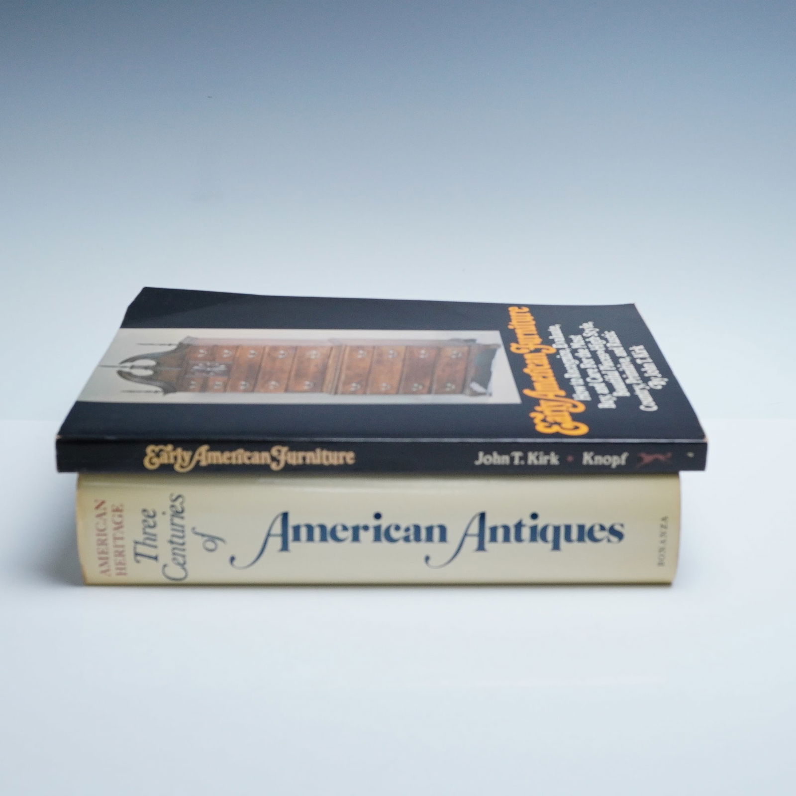 2 American Antiques and Furniture Books: Titles including: Three Centuries of American Antiques (American Heritage, three volumes in one, over 2000 illustrations, 375 in full color) (1979); Early American Furniture by John T. Kirk (how to re