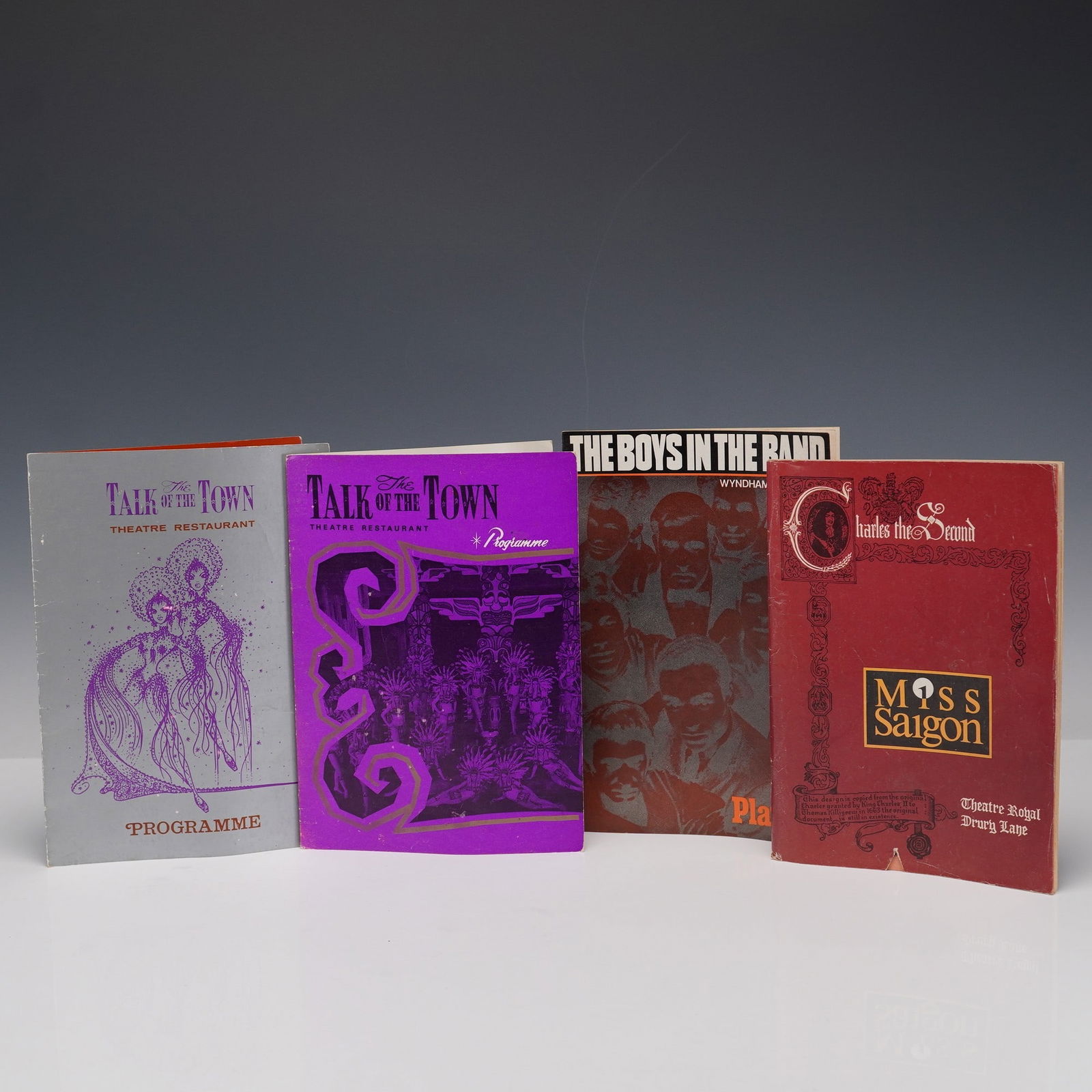 4pc Group of Vintage London Theatre Programs: A group of four vintage theatre programmes from notable London productions, including two from The Talk of the Town Theatre Restaurant, The Boys in the Band at Wyndham's Theatre, and Miss Saigon at Th