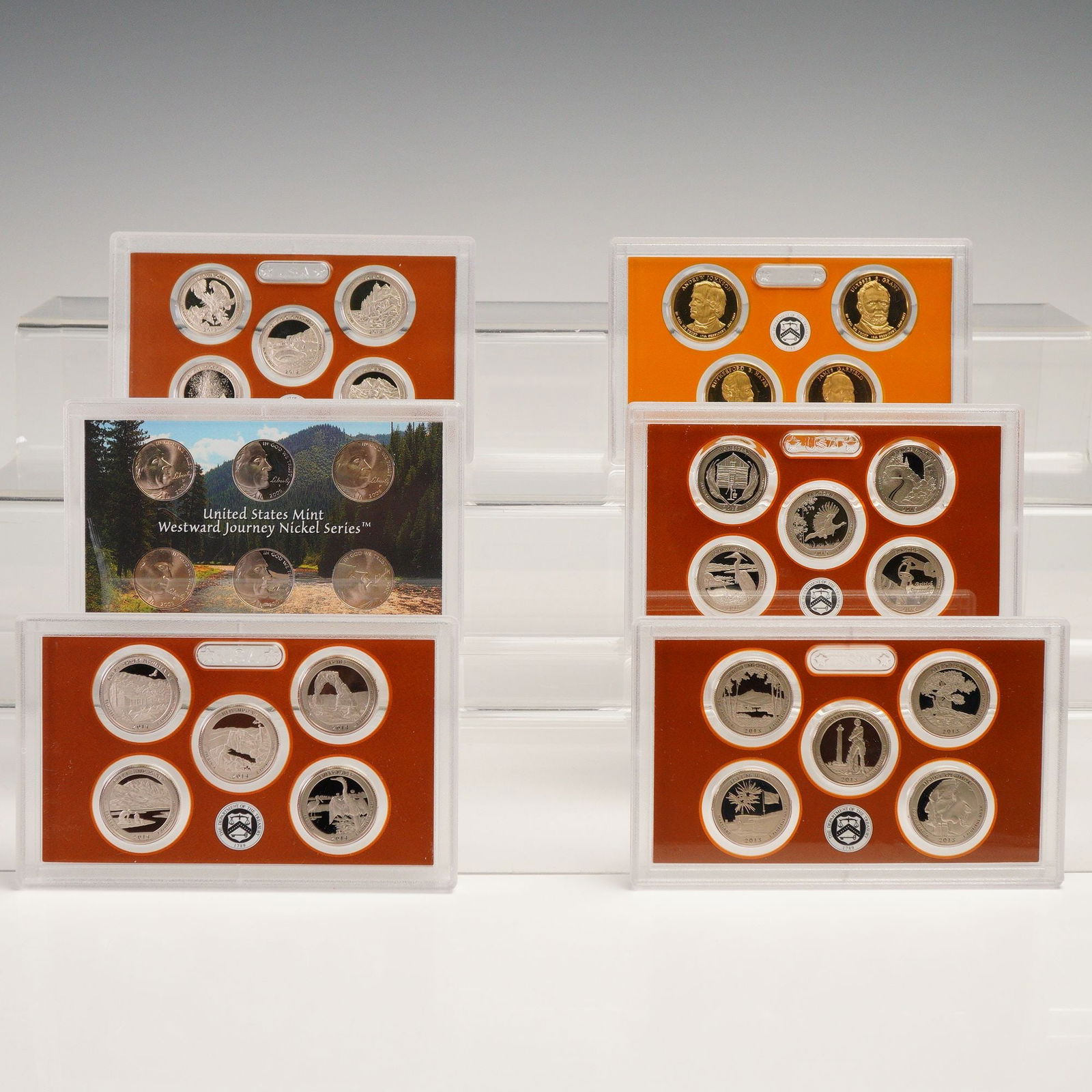 6pc 2005 Nickels, 2011-12 Presidential $1 Proof & 2013-15 Qtrs. Proof Set: Grouping includes 2005 Westward Journey Nickel Series Proof Set, the 2011-2012 Presidential $1 Coin Proof Sets, and the 2013-2015 America the Beautiful Quarters Proof Sets, each housed in their