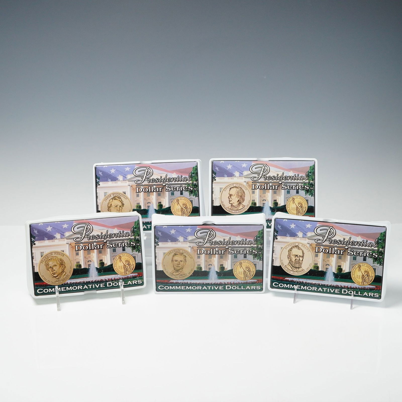 5pc 2010 Presidential Dollar Series Commemorative Sets: Each box comprising uncirculated examples of the modern Presidential $1 coins presented in illustrated holders. Each set includes two slab enclosed coin of various presidents such as Abraham