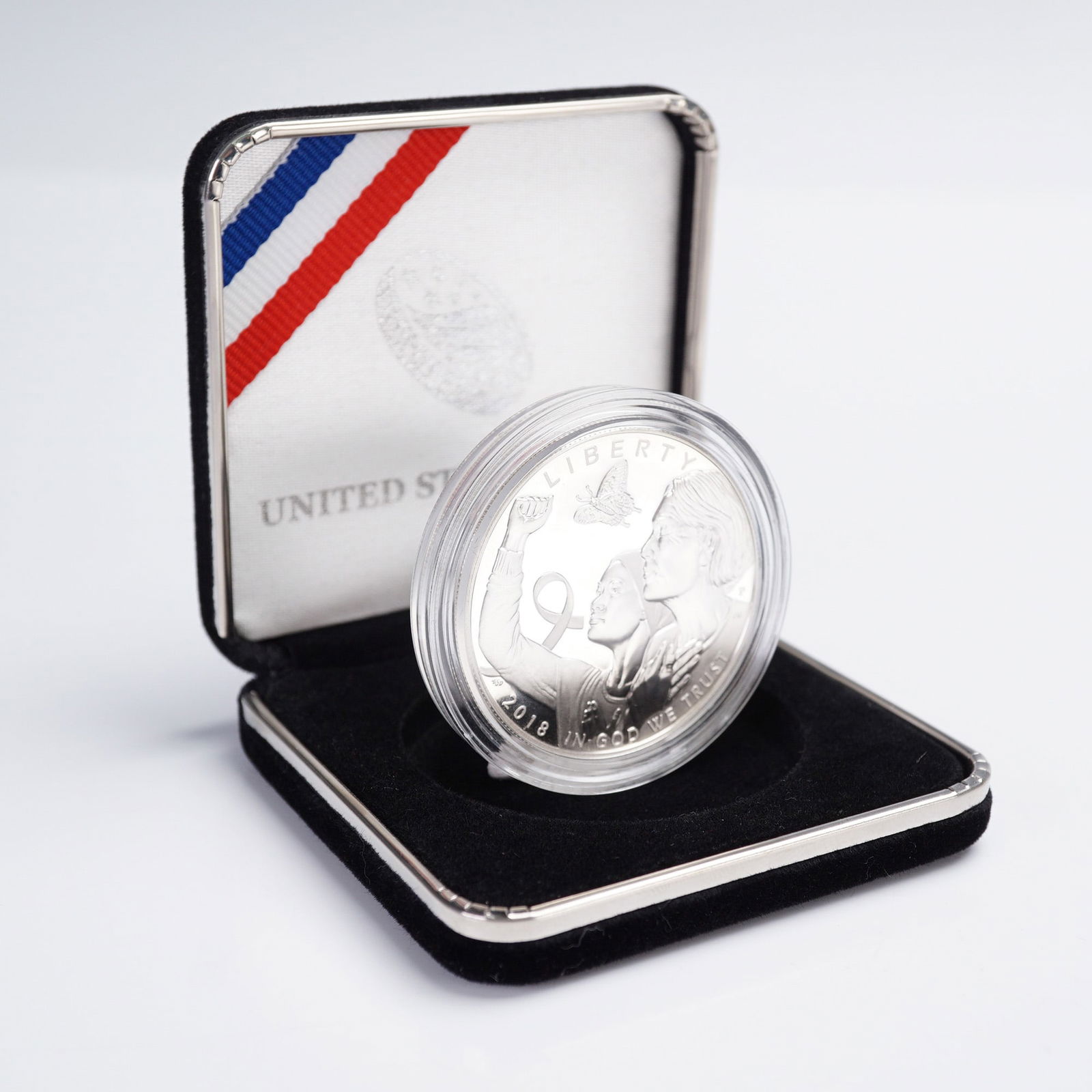 2018-P U.S. Breast Cancer Awareness Silver Proof Dollar: Official 2018-P Breast Cancer Awareness Silver Proof Dollar, minted at the Philadelphia Mint. Issued to honor the fight against breast cancer, this commemorative coin is composed of 90% silver and 10%