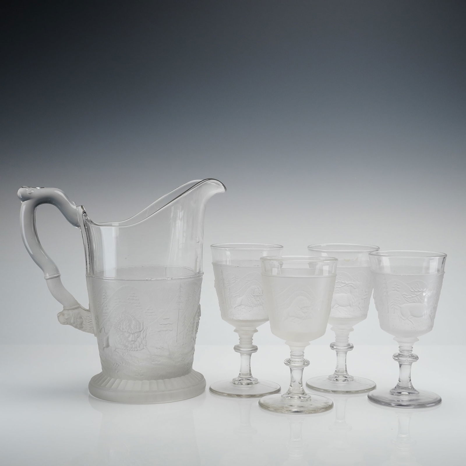 5pc Gillinder & Sons EAPG Pitcher & Goblets Set, Westward Ho (1 of 3)