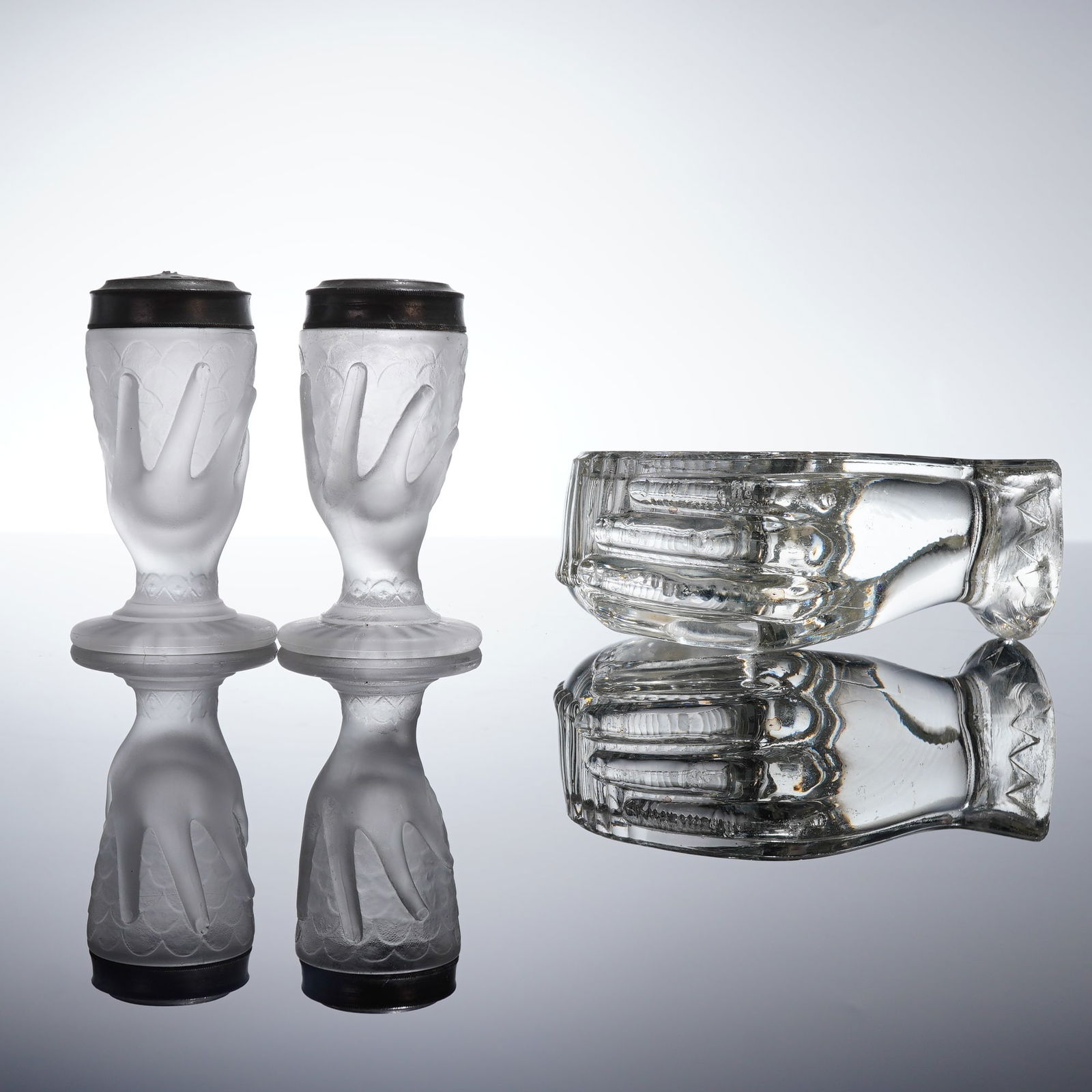 3 EAPG Central Glass Co Figural Hand Glass Shakers & Gillinder Fist Dish (1 of 4)