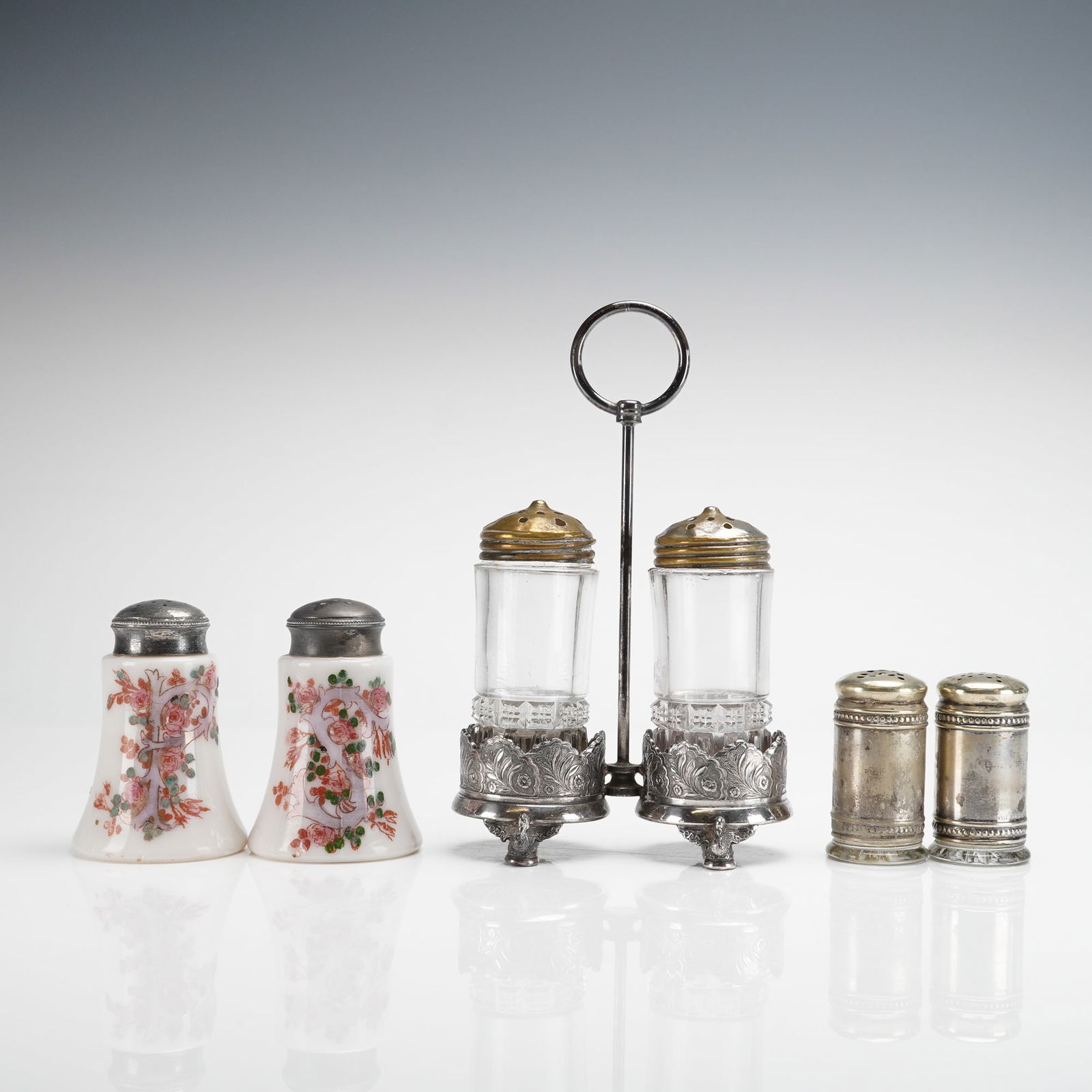 7pc Victorian Seasoning Shakers and Wilcox Quadruple Silver Plate Stand (1 of 5)