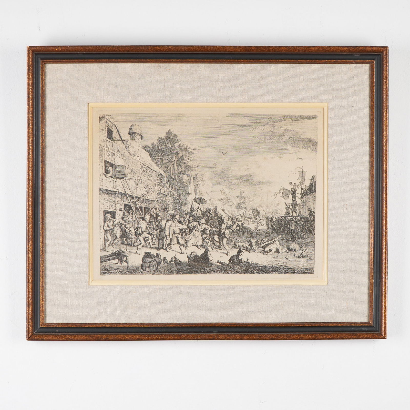 Cornelis Dusart (Aft.), Antique Etching on Paper, Village Scene, Signed: Intricately detailed etching and copperplate engraving after Cornelis Dusart, capturing the raucous energy of a village festival. Known for his vivid depictions of Dutch peasant life, Dusart fills thi