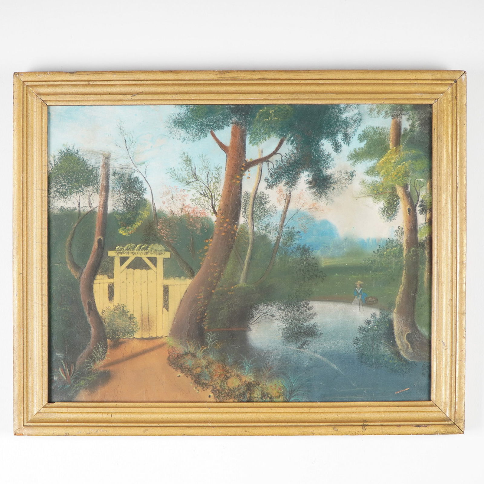 Vintage Pastel Landscape, Girl at Pond with Basket: Framed vintage pastel landscape depicting a serene woodland path leading to a pond, where a young girl stands with a basket beside the water's edge. Lush trees arch over a yellow wooden gate and a win
