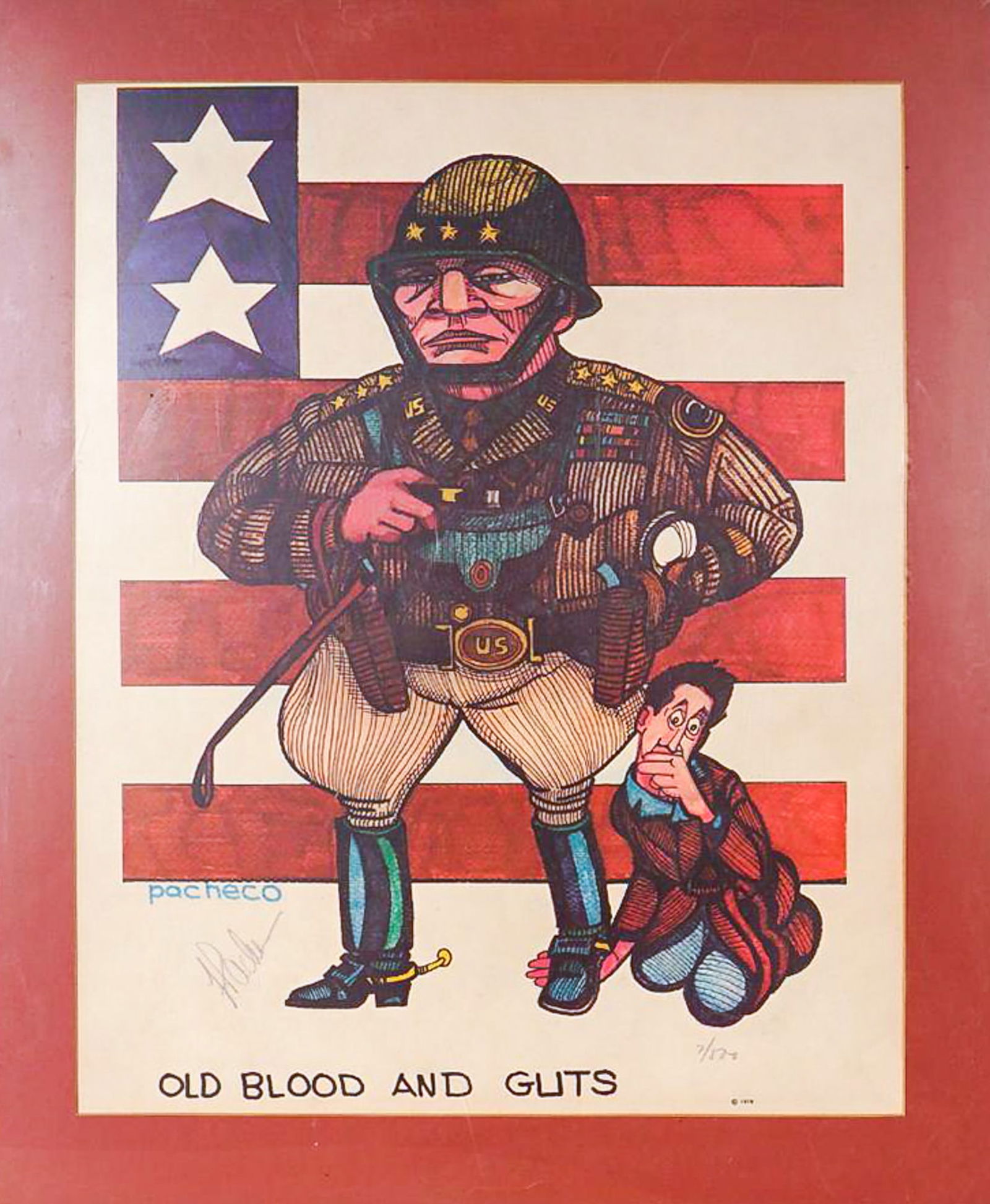 Ferdie Pacheco Limited Edition Lithograph, The Session, Signed & Numbered: Framed and signed limited edition lithograph on paper titled Old Blood and Guts by artist Ferdie Pacheco, dated 1978. The bold caricature-style composition portrays decorated U.S. general George S. Pa