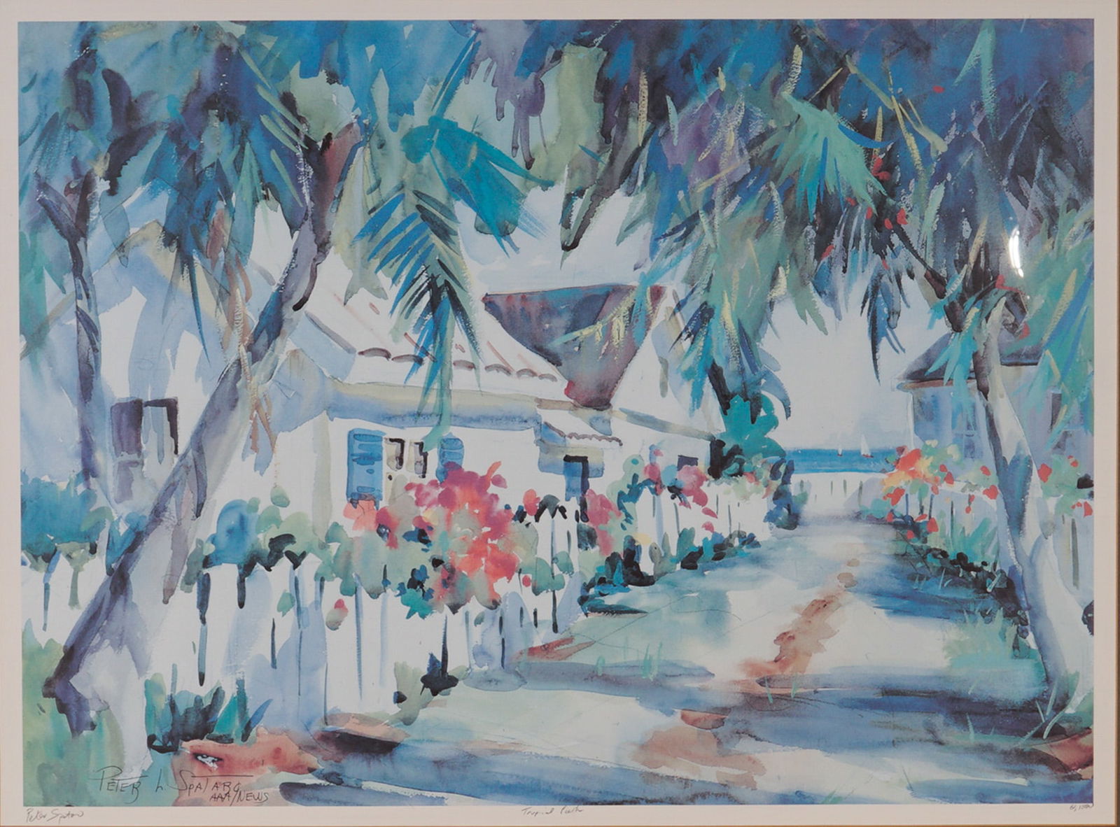 Peter Lee Spataro, Lithograph on Paper, Tropical Street, Signed & Numbered: Vibrant limited edition lithograph on paper by American artist Peter L. Spataro. This impression captures a lush tropical street lined with palm trees, white picket fences, and flowering shrubs leadin