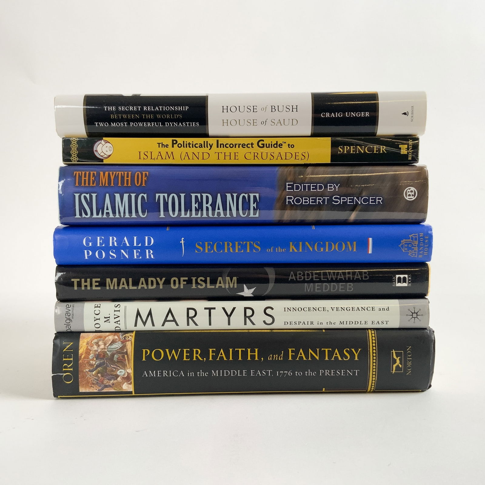 7pc Political and Religious Analysis Books, Middle East: This collection of seven hardcover books delves into political, religious, and historical themes, focusing on Islam, Middle Eastern history, and global power dynamics. Included in the lot are The Poli
