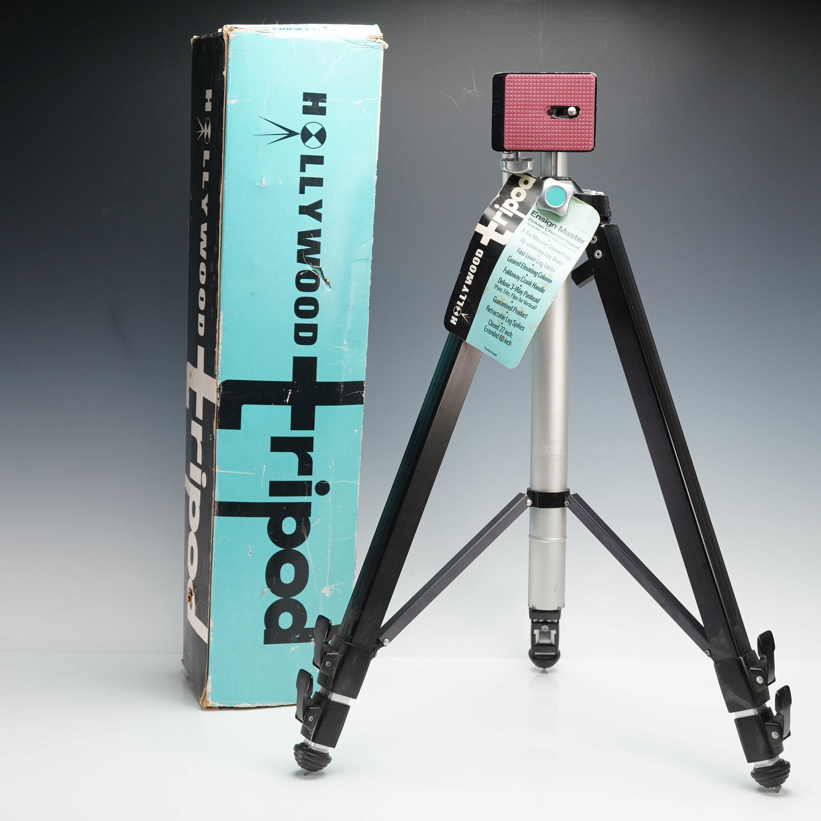 Acme-Lite Hollywood Ensign Master Deluxe Channel Tripod: This vintage camera tripod features a geared elevating column with a foldaway crank handle, 3-section massive channel legs with reinforcing leg braces, and fast lever leg locks for stability and ease