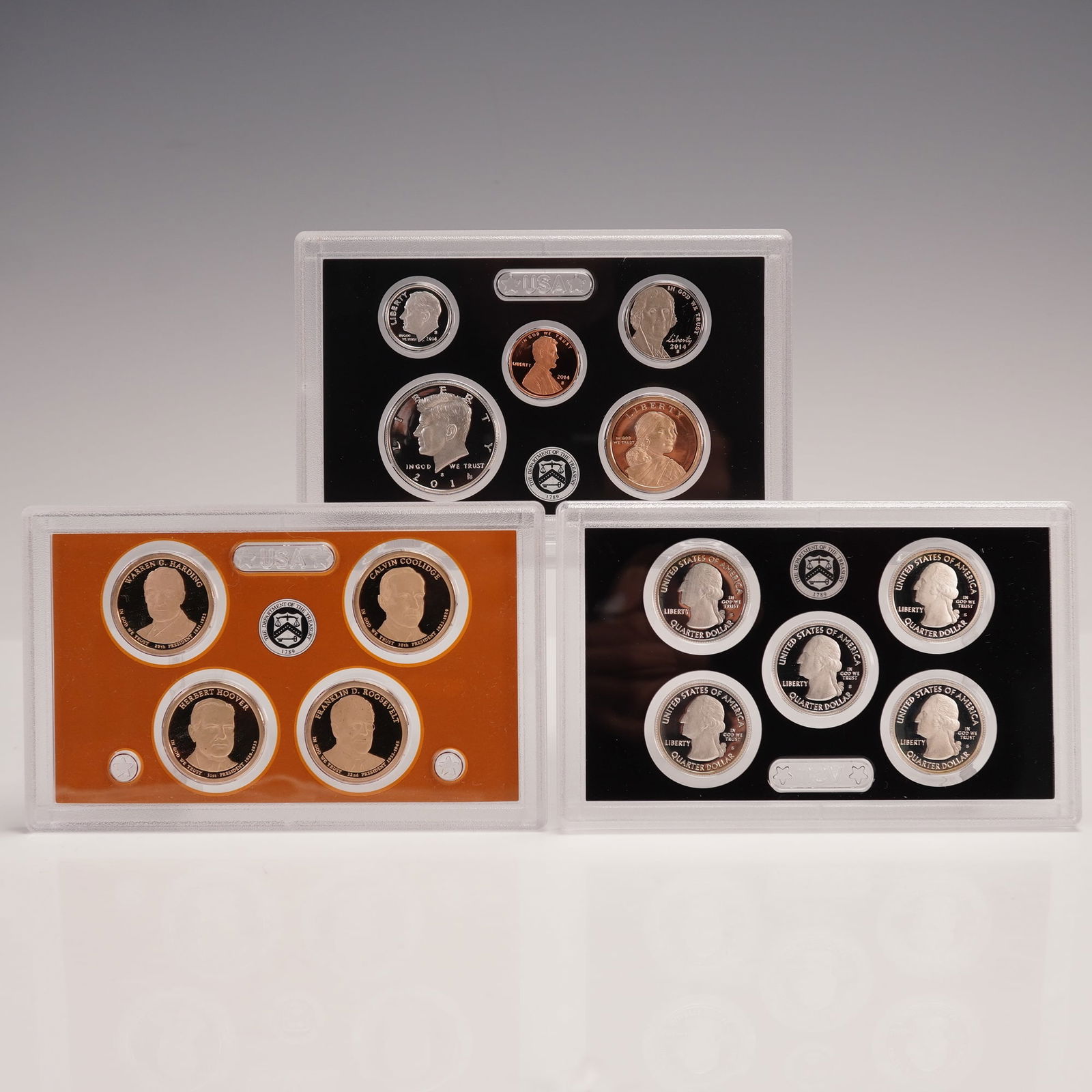 3pc 2014-S United States Mint Silver Proof Set: The 2014-S United States Mint Silver Proof Set includes 14 coins presented in three protective plastic cases with the original box and certificate of authenticity. This set features four Presidential