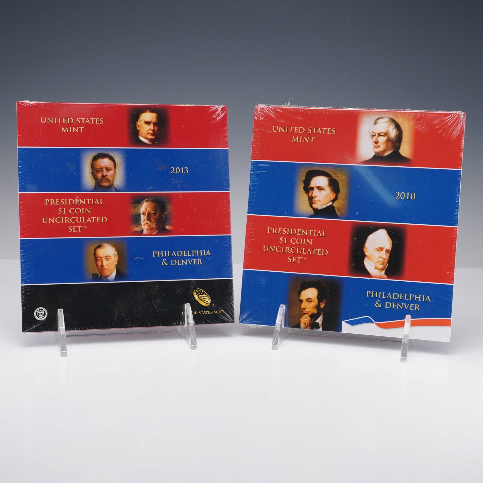 2pc 2010-D&P to 2013-D&P Presidential Dollar Uncirculated Set: Each set includes eight uncirculated $1 coins-four from the Philadelphia Mint and four from the Denver Mint-featuring portraits of U.S. Presidents released in their respective years. The 2010 set hono