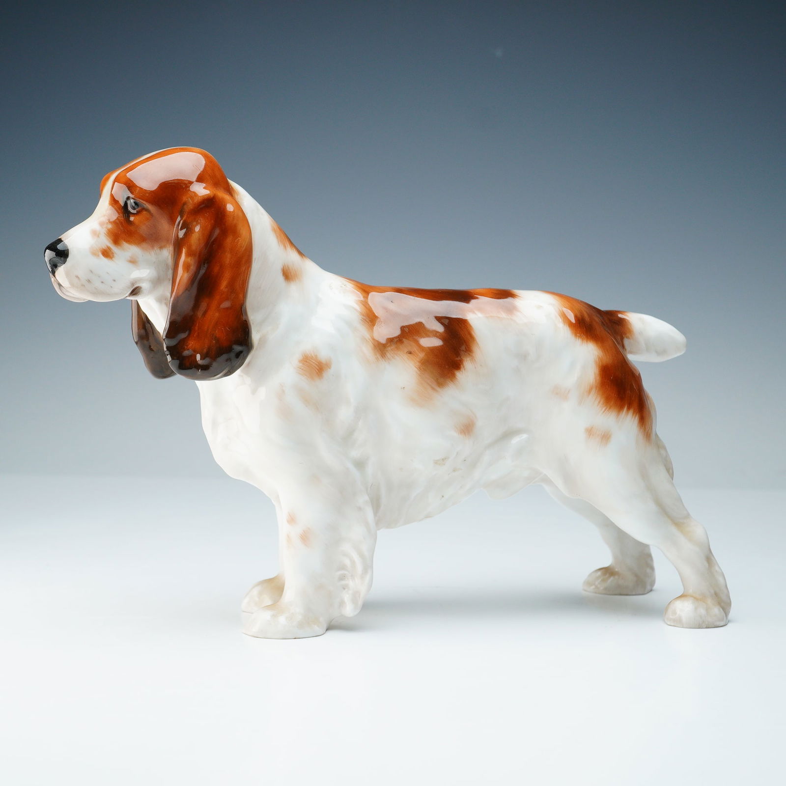 Royal Doulton Animal Figurine, Cocker Spaniel HN1002: A Royal Doulton bone china figurine depicting a Cocker Spaniel, model HN1002, designed with realistic detailing and a glossy brown and white glaze. The piece features fine modeling of the dog's charac