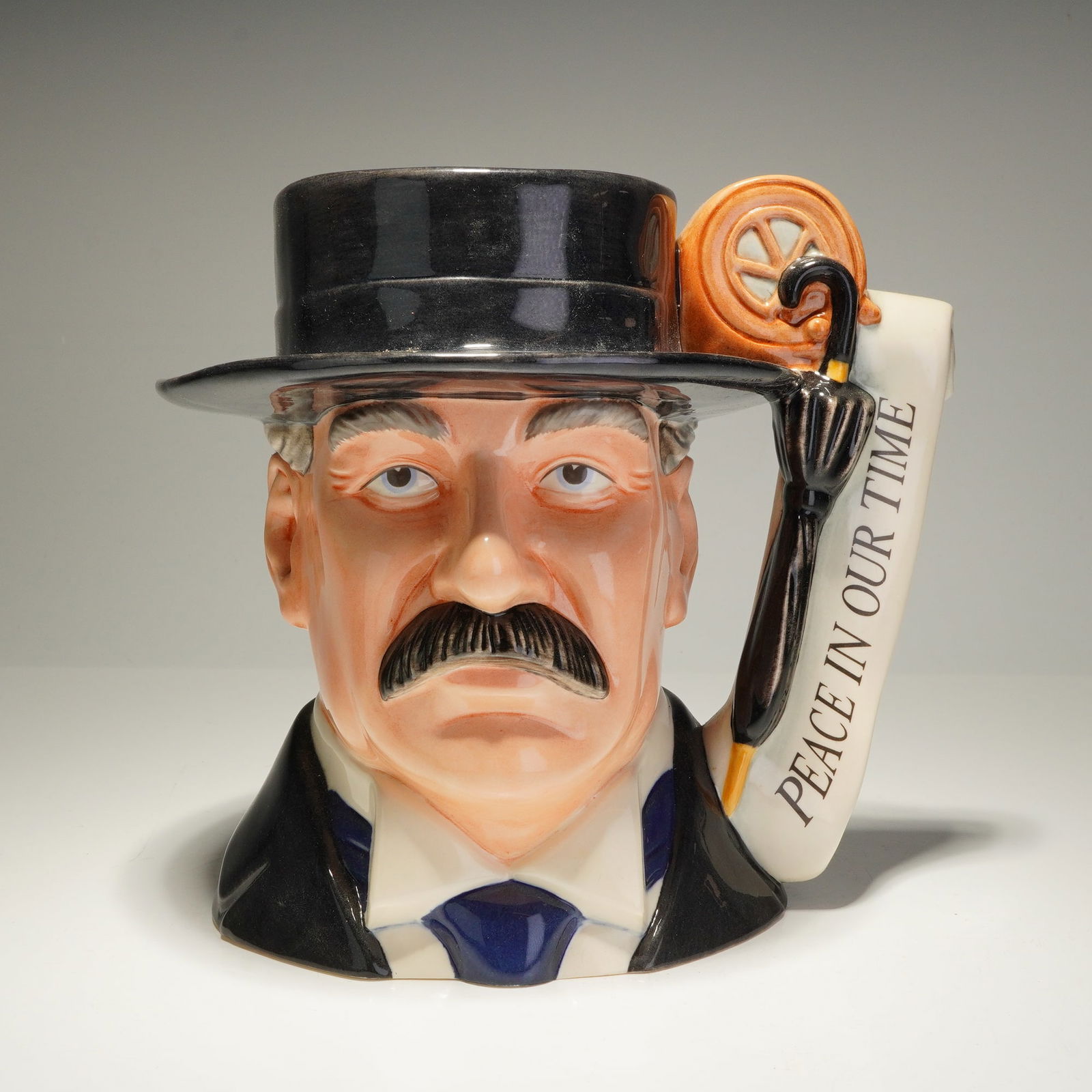 Royal Doulton Large Character Jug, Lord Chamberlain D7296: From the World War II Politicians series, this English porcelain character jug is a limited edition, number 22 of 100, depicting The Lord Chamberlain of the Household, the most senior officer of the R