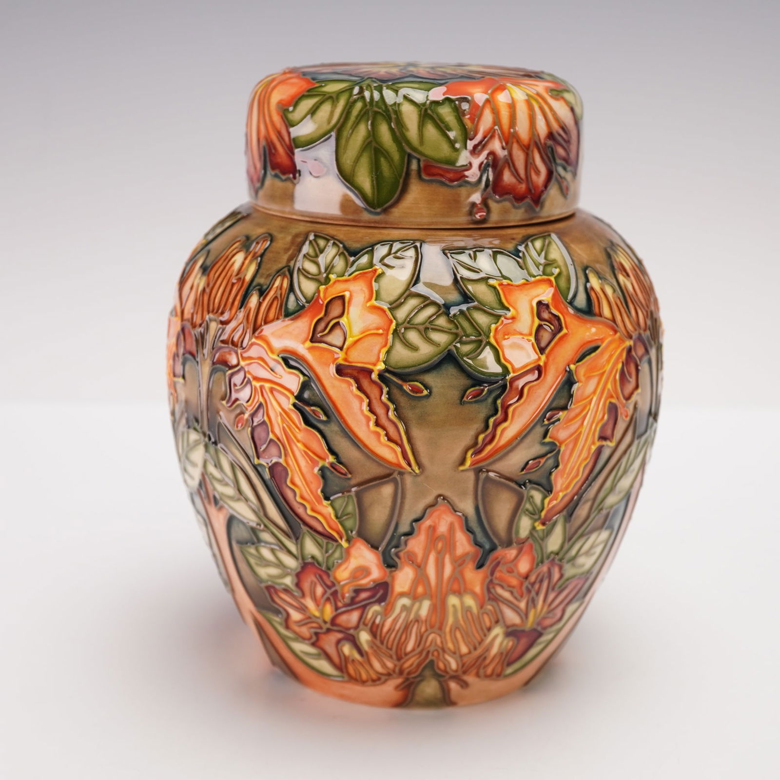 Moorcroft Pottery by Phillip Gibson Lidded Ginger Jar, Flame of The Forest (1 of 1)