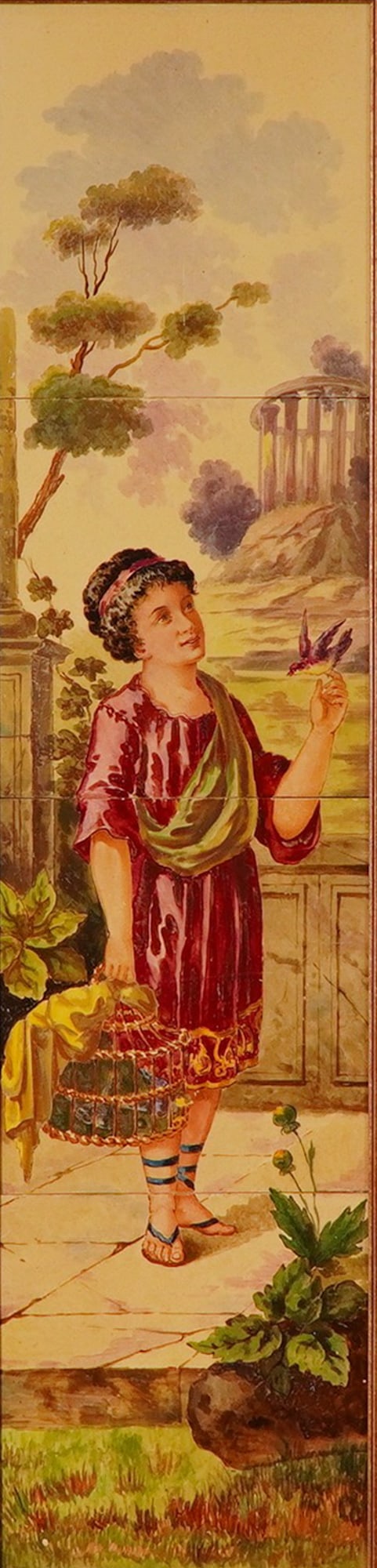 Italian School Late 19th C. Youth w/ Bird & Basket Landscape: Italian School, Late 19th Century. A single, vertically oriented artwork composed of four stacked, painted ceramic tiles, executed in a Neo-Classical or Renaissance Revival style. The composition depi