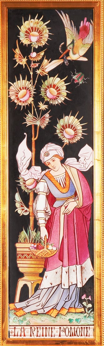 Minton Framed Aesthetic Movement Tile Painting, La Reine Pomone: Tile painting encased in a wooden frame. This ceramic panel features a polychrome glazed surface depicting the Roman goddess of fruit, trees, and orchards, identified by the inscription at the base as