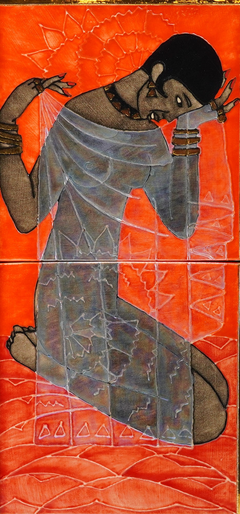 Framed Dennis Chinaworks by Sally Tuffin Tiles, Josephine Baker: Ceramic tile plaques depicting the iconic entertainer Josephine Baker in frame. The tile features a stylized, graphic portrait rendered in bold colors and crisp linework, characteristic of Dennis Chin