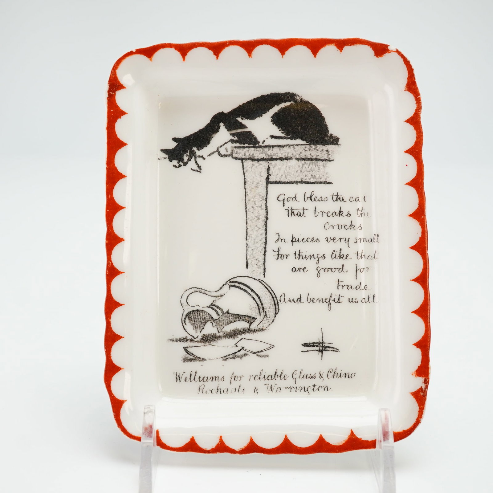 Royal Doulton by David Henry Souter Series Ware Dish, Kateroo: Doulton series ware featuring an illustration of a cat breaking a jar with the famous saying God bless the cat that breaks the crocks in pieces very small, for things like that are good for trade and