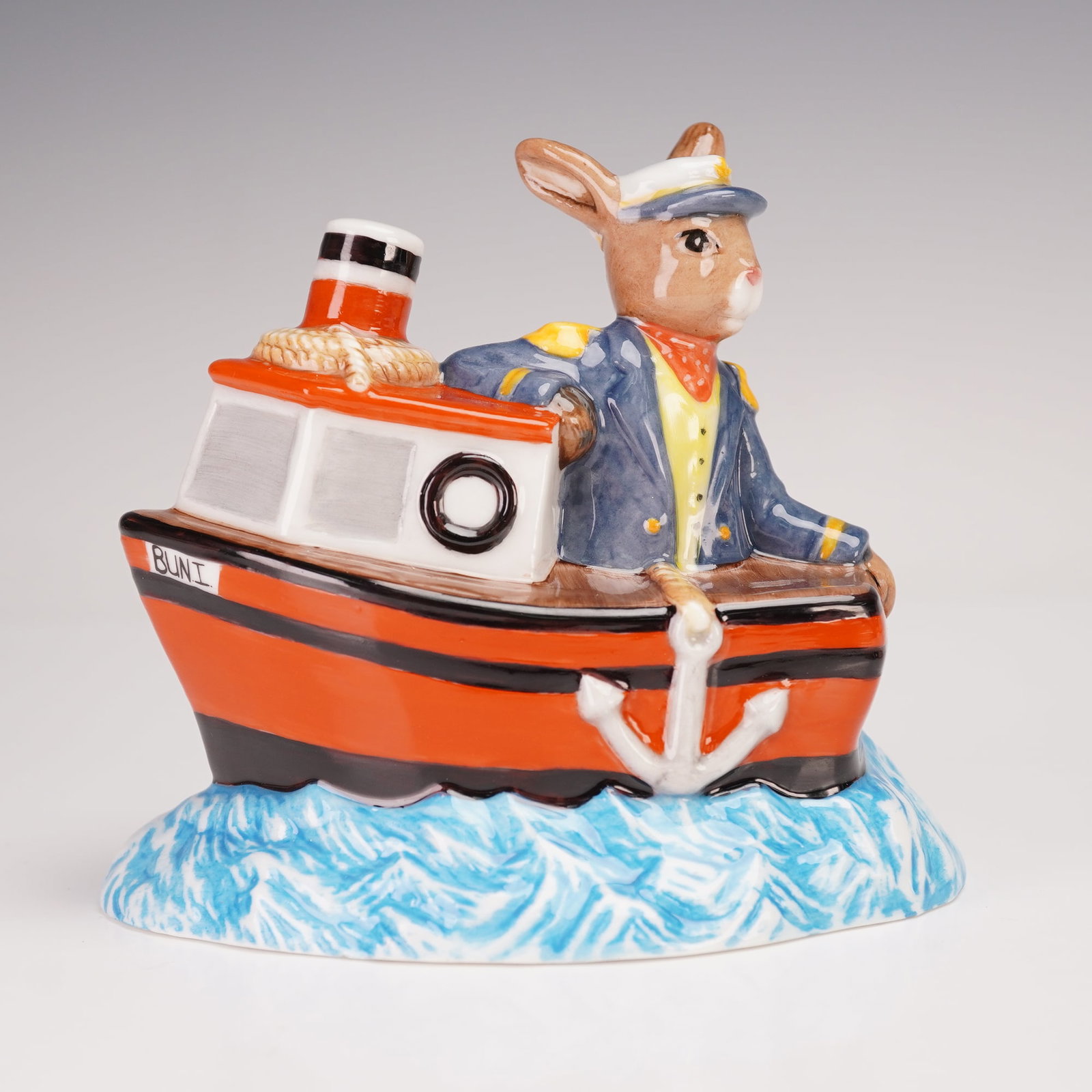 Royal Doulton Bunnykins Red Colorway Figurine, Ship Ahoy DB279: Royal Doulton Bunnykins Red Colorway Figurine, Ship Ahoy DB 279. Limited edition of only 10 pieces produced exclusively for UKI Ceramics Ltd. Hand-made and hand-decorated, this special red colourway d