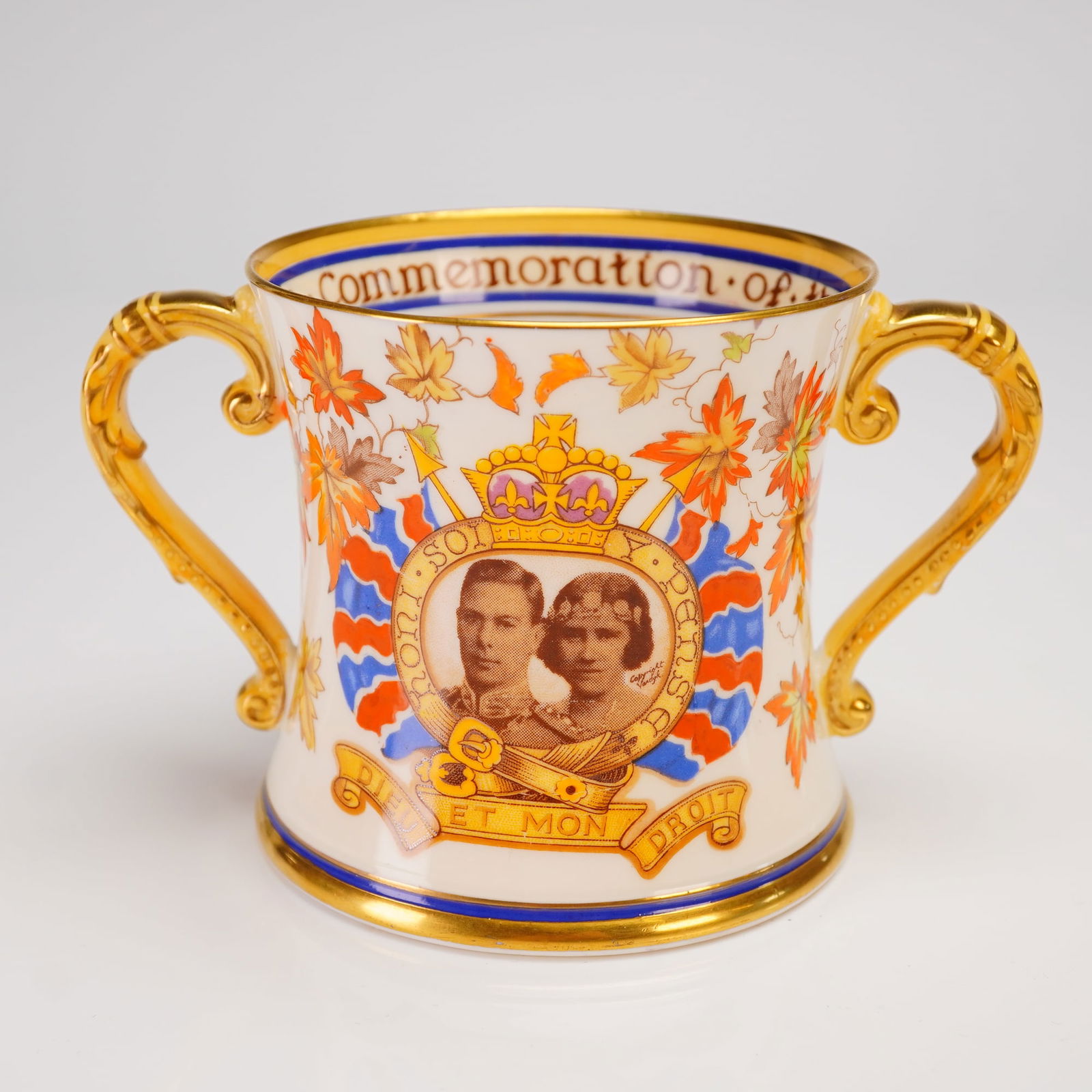 Shelley Porcelain Canadian Royal Visit Loving Cup: A Shelley porcelain two-handled loving cup, commemorating the 1939 Canadian Royal Visit of King George VI and Queen Elizabeth. This piece aligns with the tradition of Shelley porcelain coronation cup