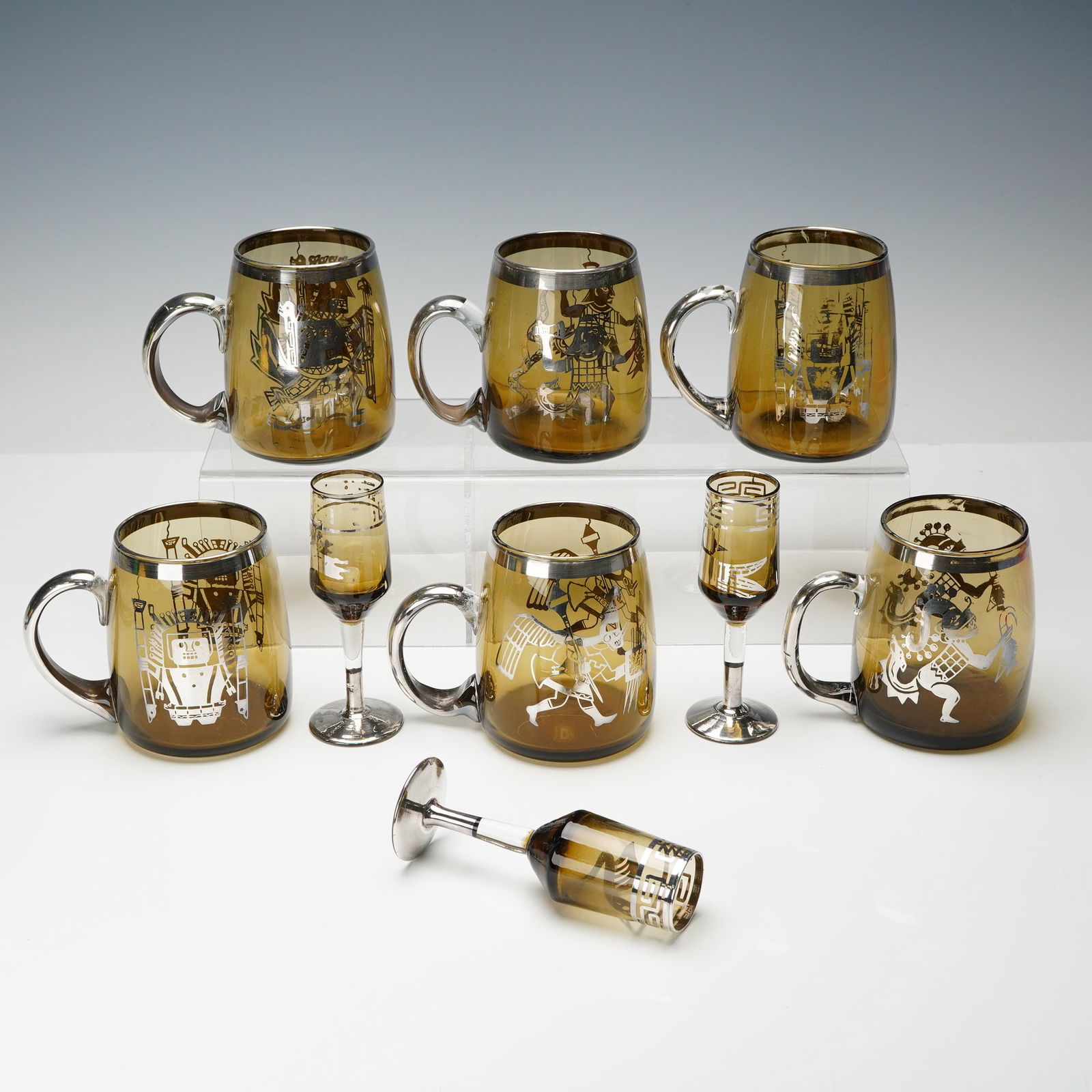 9pc Silver Overlay Figural Motif Amber Glass Mugs and Cordials Set (1 of 5)