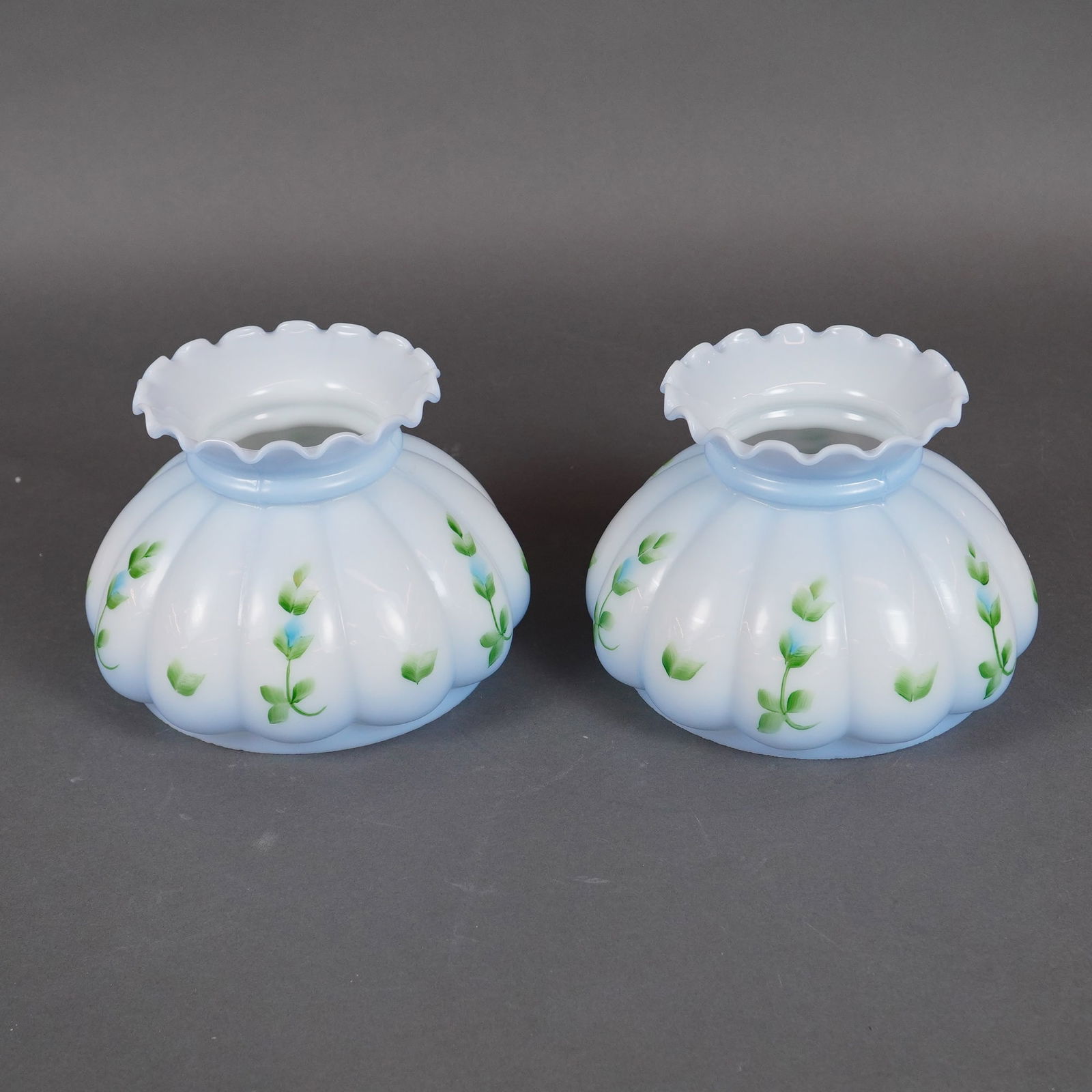 A Pair of Glass Melon Student Lamp Shades with Floral Decoration (1 of 4)