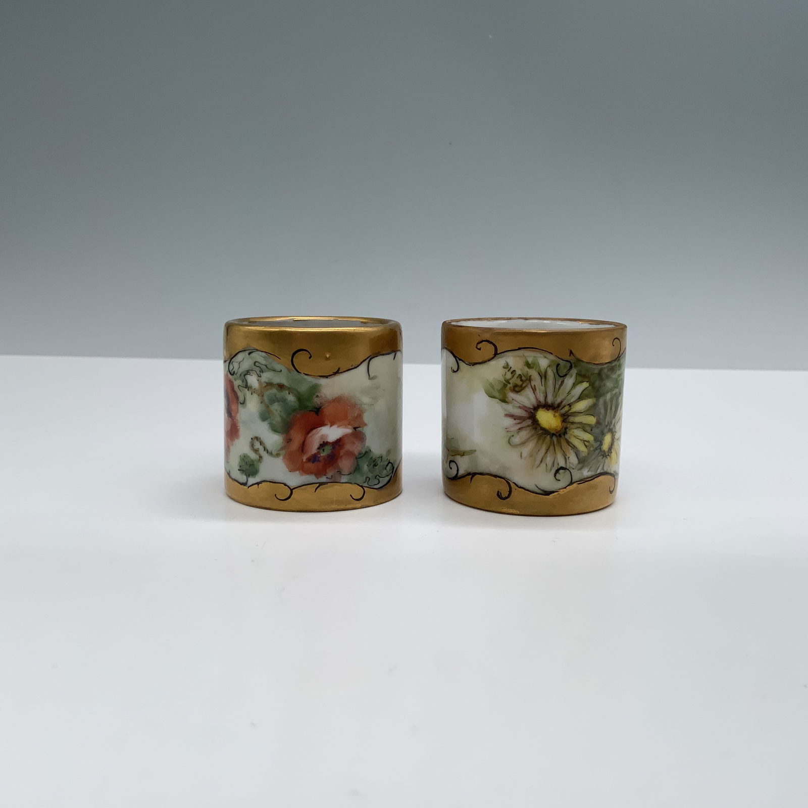 Set of 2 Hand Painted Porcelain Napkin Rings, Floral Design: A pair of hand-painted porcelain napkin rings featuring intricate floral designs, including daisies and poppies. Each ring is accentuated with gold trim and decorative scrollwork, highlighting the fin