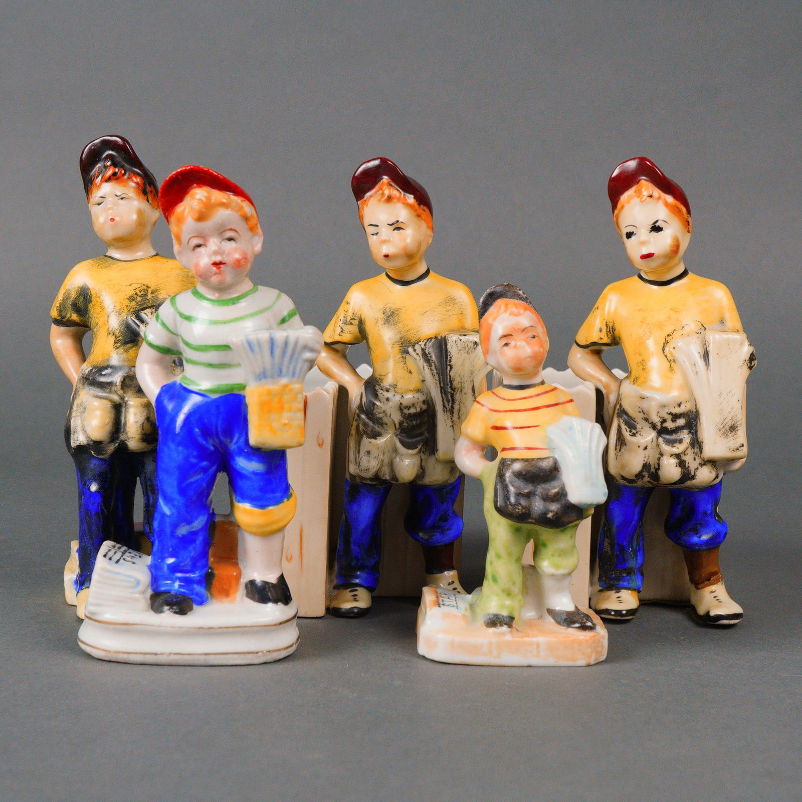 5pc Mid-20th Century Japanese Hand Painted Bisque Newsboy Figurines (1 of 5)