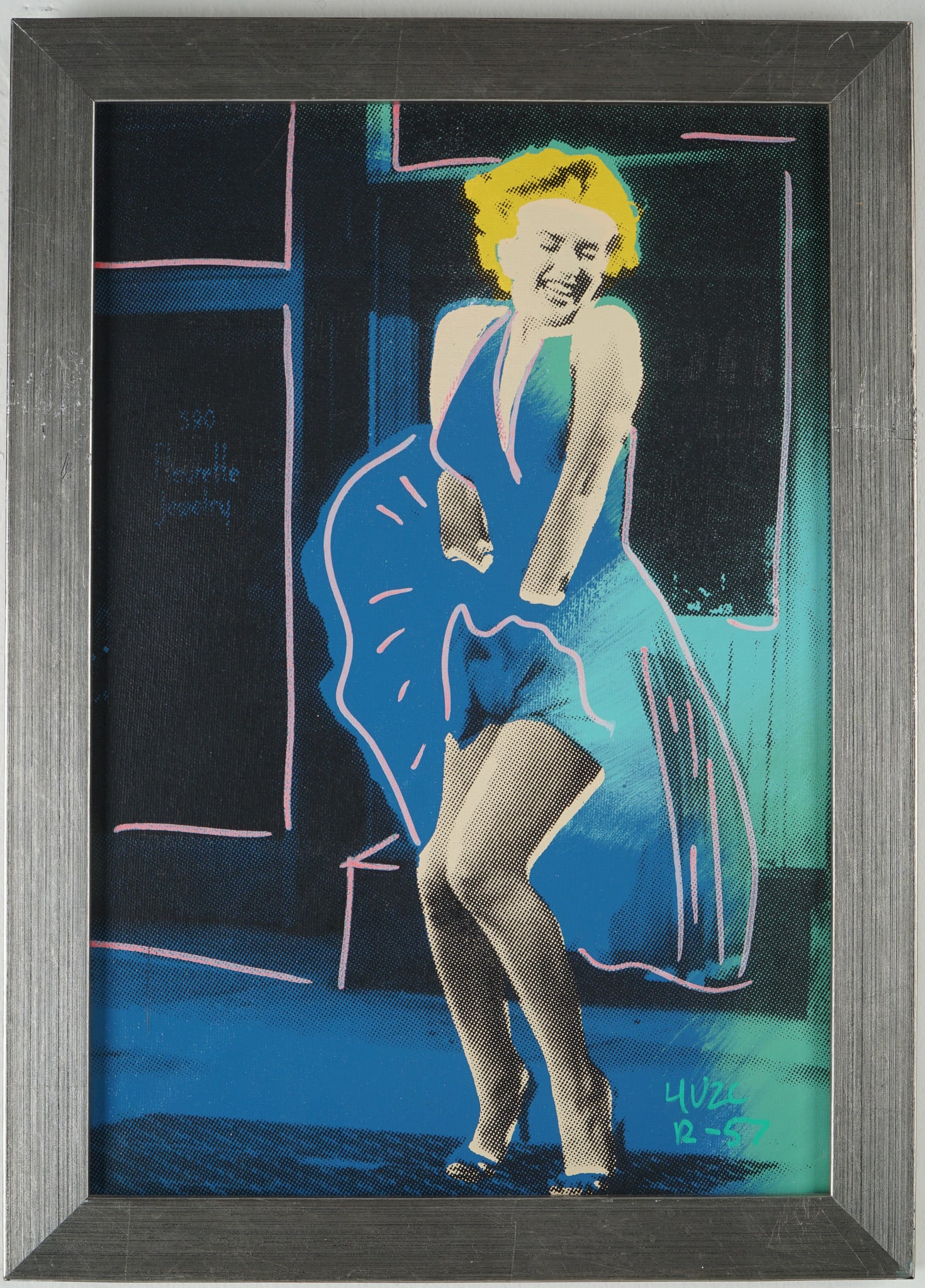 Ringo, Silkscreen on Canvas, Marilyn 7 Year Itch - Signed: Colorful pop art-style print on canvas depicting Marilyn Monroe in her iconic pose from The Seven Year Itch, with her blue dress billowing as she stands over a subway grate. The image is rendered in a