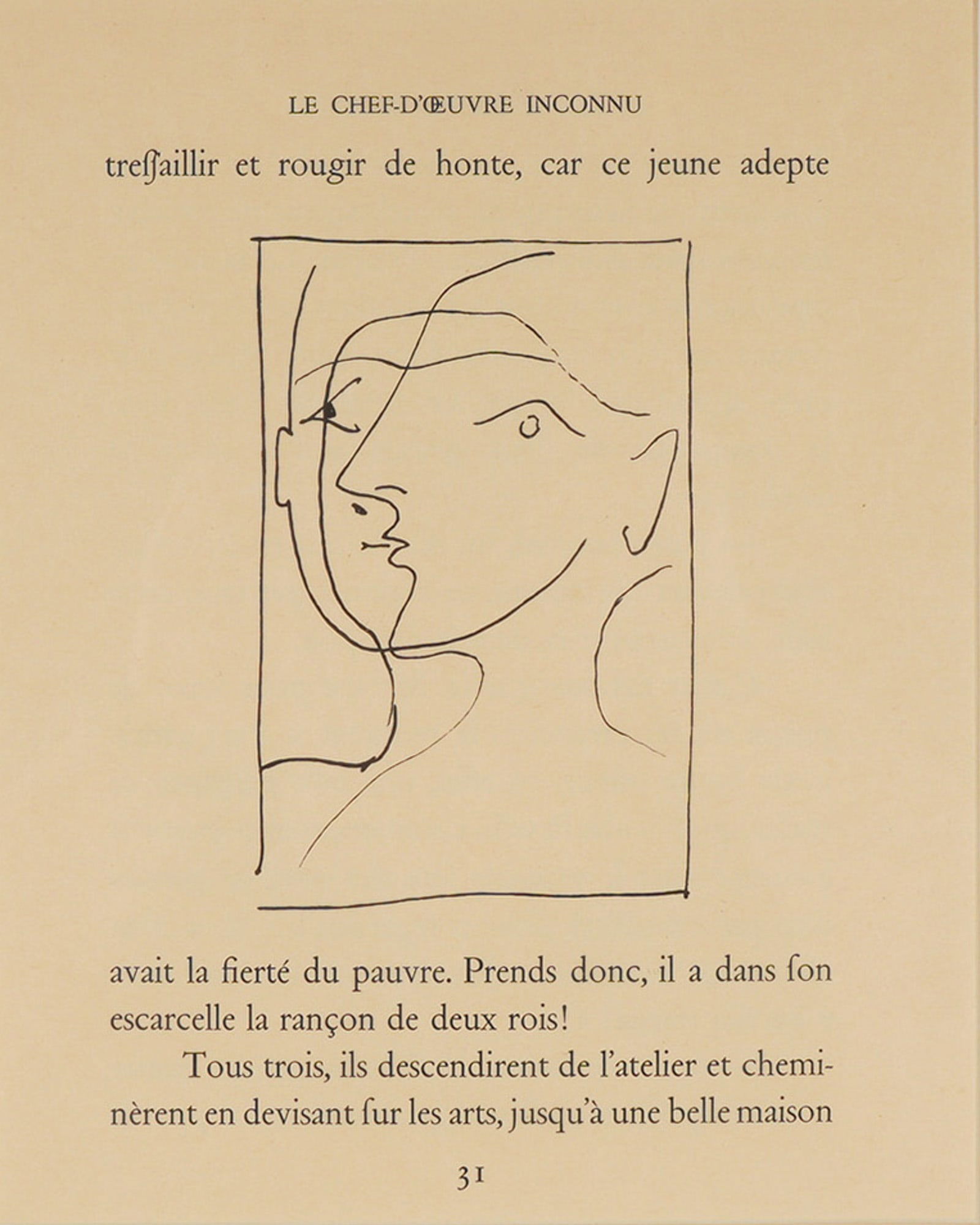 After Pablo Picasso Wood Engraving on Paper, Le Chef d Oeuvre Inconnu: A wood engraving cut by Georges Aubert after the original drawing by Pablo Picasso for Honore de Balzac's novel Le Chef d'Oeuvre Inconnu (The Unknown Masterpiece). The engraving features a Modernist a