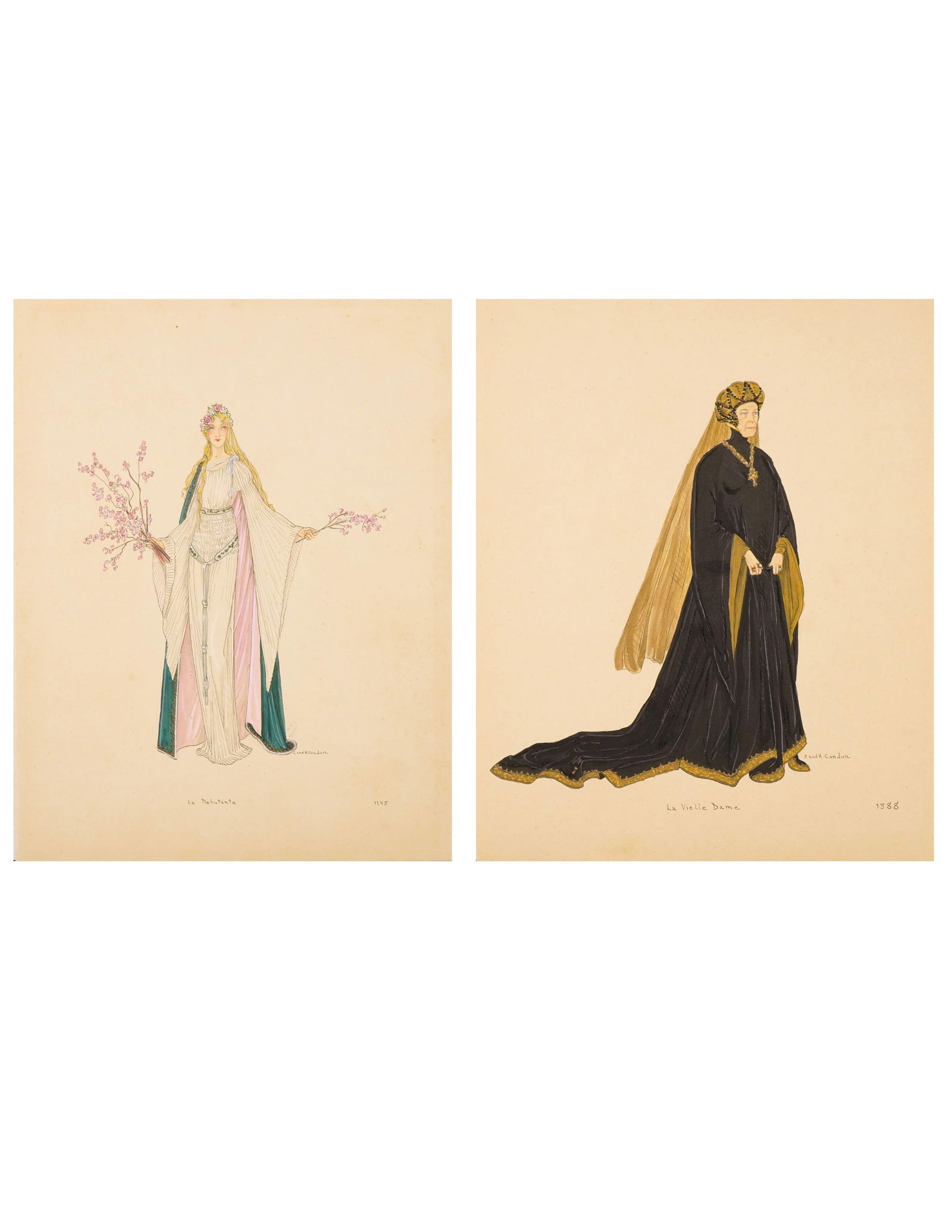 H. & C. Condon, 2pc Costume Design Watercolors & Ink on Paper, Signed: A beautifully matched pair of original costume design illustrations by H. & C. Condon, executed in watercolor and ink on paper. Each work presents a richly detailed study of historical dress rendered