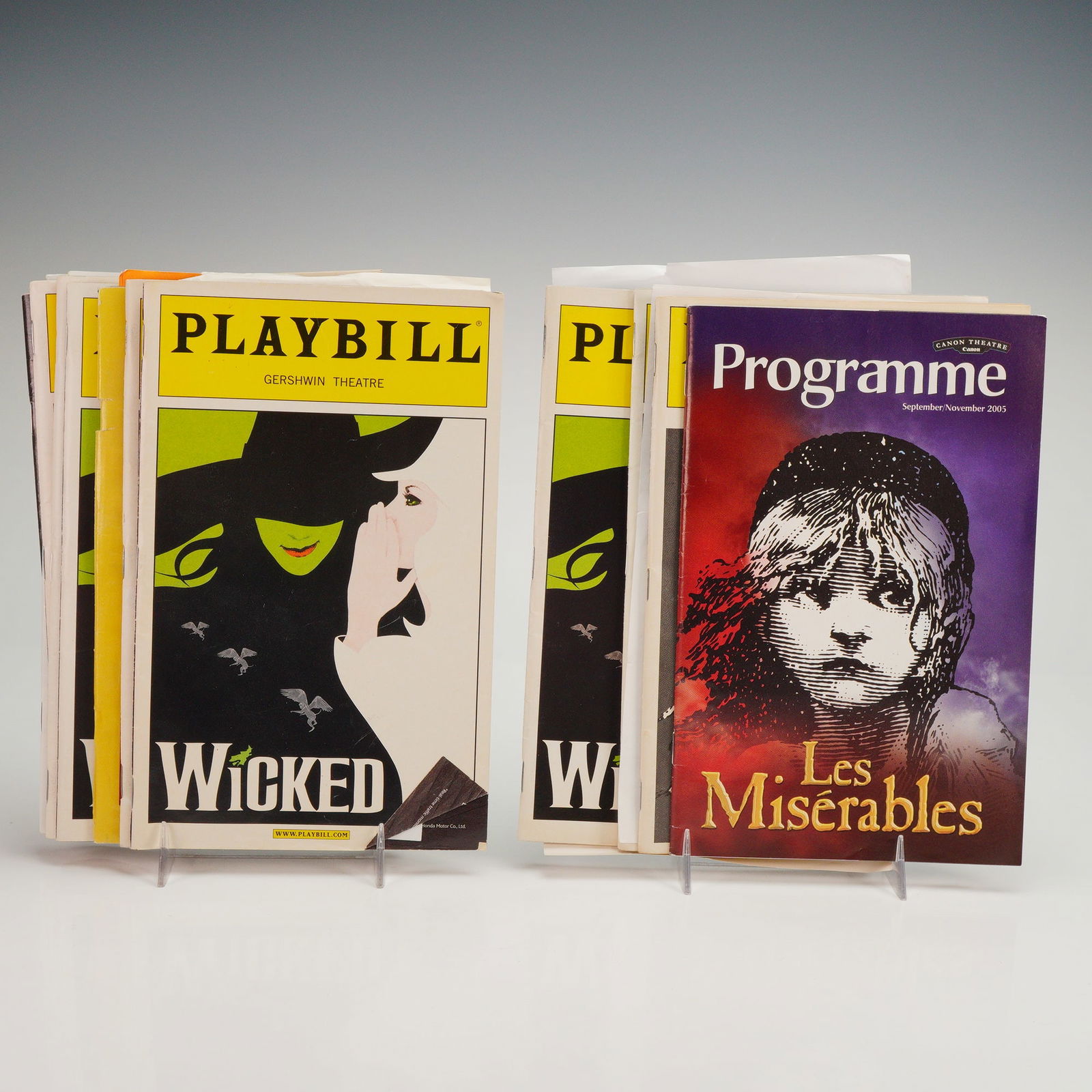 15pc Playbills, Broadway and West End: A group of fifteen original theatre Playbills and performance programs from various Broadway and West End productions. Titles include Wicked (Gershwin Theatre), Les Miserables (Shubert Theatre and Que