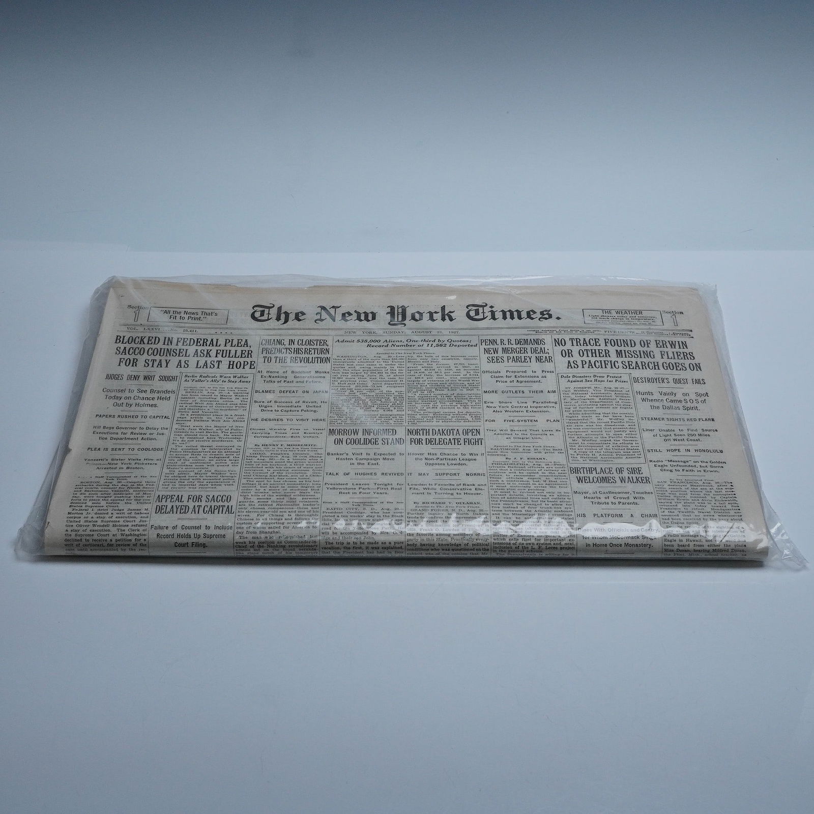 Historic 1927 N.Y. Times Newspaper - Sacco & Vanzetti, Immigration & More: An original issue of The New York Times, dated Sunday, August 21, 1927, accompanied by a Certificate of Authenticity from Historic Newspapers of America, certifying it as a genuine period print and