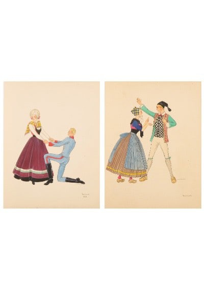 H. & C. Condon, 2pc Theatrical Costume Design Watercolors on Paper, Signed (1 of 7)