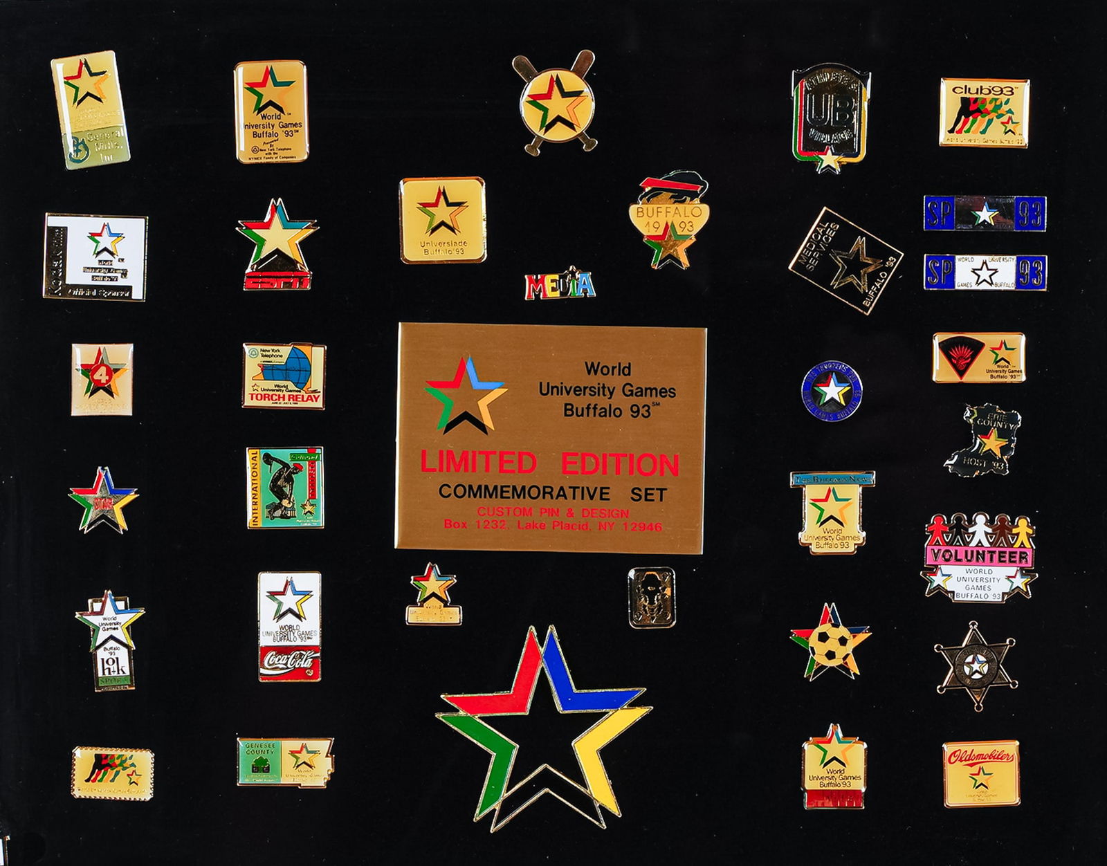 World University Games Buffalo 93 Limited Edition Commemorative Pin Set: Original collection of enamel pins from the World University Games, held in Buffalo, New York in 1993. This limited edition commemorative set, designed by Custom Pin & Design of Lake Placid, New York,