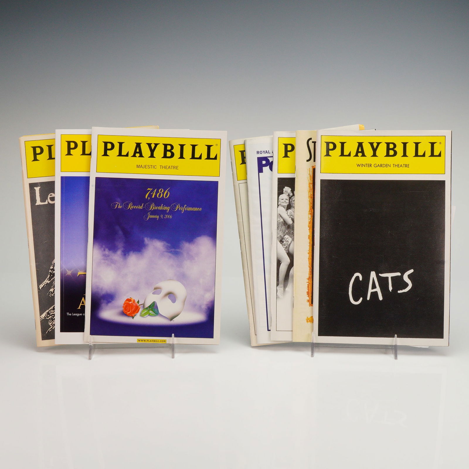 8pc Broadway Playbills, Including The Producers, Les Miserables, and More: Group of Playbills and programs from Broadway, including The Producers (St James Theatre), Les Miserables (The Broadway Theatre), and Phantom of the Opera (Majestic Theatre, Record-Breaking Performanc