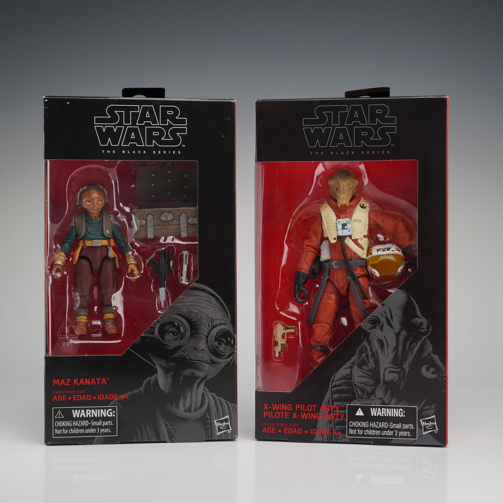 2pc Star Wars The Black Series Figurines, Maz Kanata and X-Wing Pilot Asty: A pair of Star Wars The Black Series figurines manufactured by Hasbro that consists of two individually boxed, sealed action figures from the 6-inch line. The first figure is Maz Kanata wearing a gree