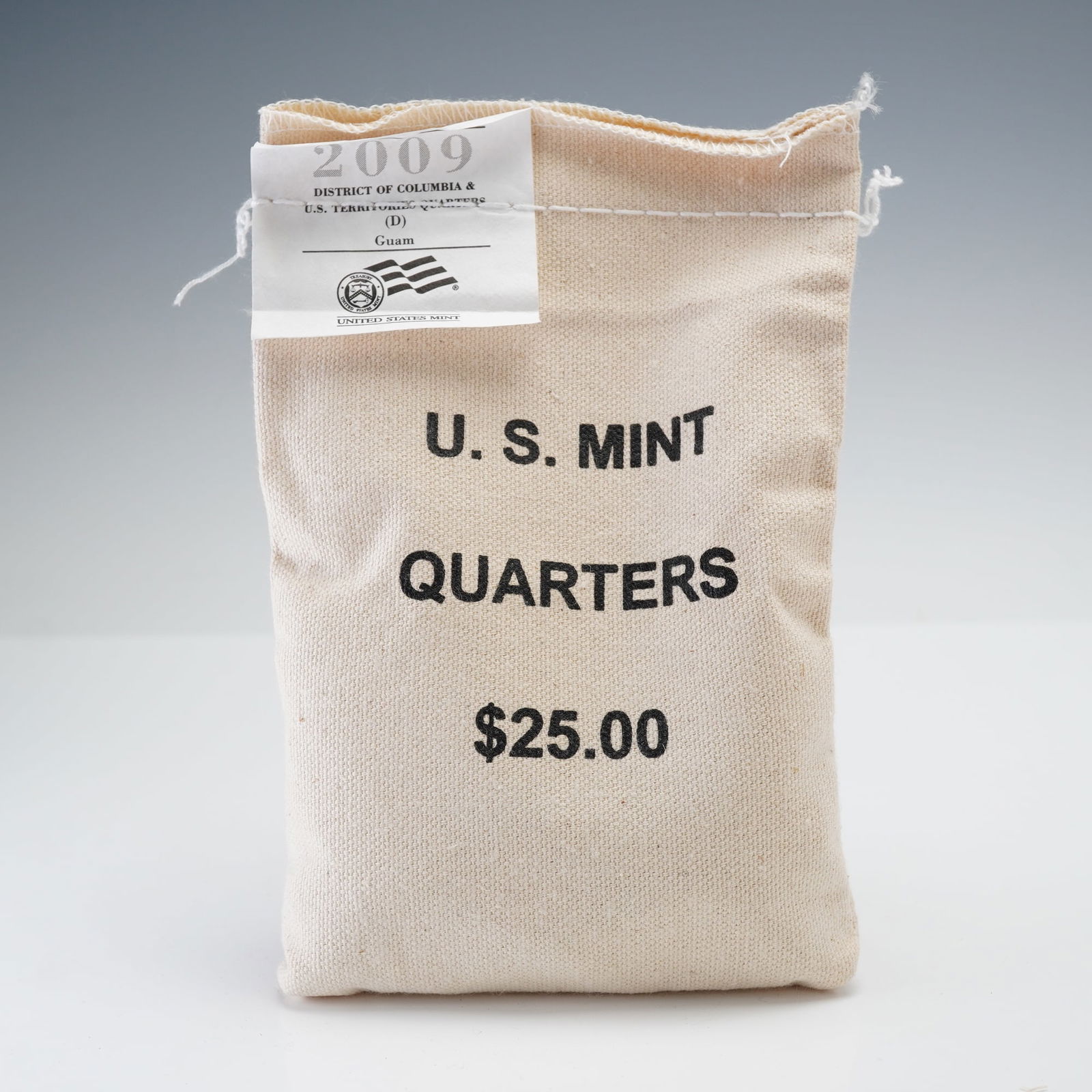 2009-D U.S. Mint Uncirculated Quarters Sealed Bag: District of Columbia & U.S. Territories quarters representing Guam, struck at the Philadelphia Mint. The original Mint-sewn canvas bag is clearly marked U.S. Mint Quarters $25.00, with the factory-app
