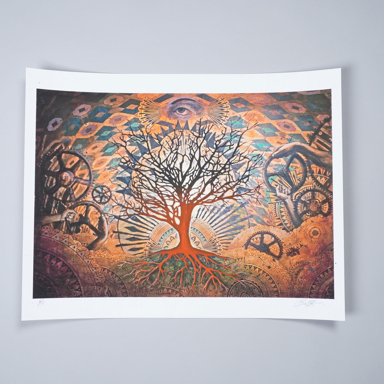 Beau Stanton Print, Alchemic Bloom: This striking limited edition print by Beau Stanton features a mesmerizing composition centered around a grand tree set against a richly detailed, mandala-like background. Stanton's signature blend of