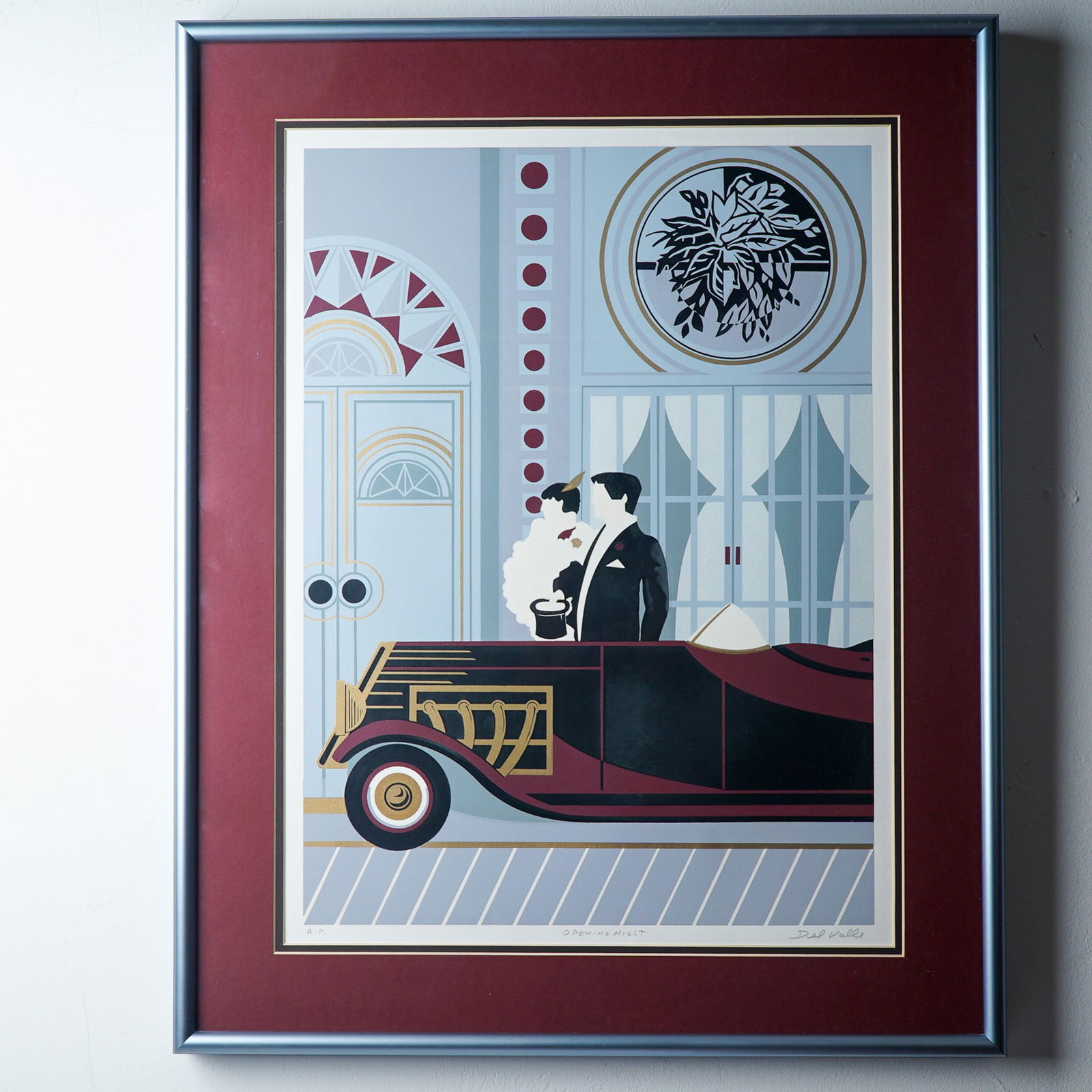 Luis Peralta Del Valle, Artist Proof Serigraph, Opening Night, Signed: Framed serigraph titled Opening Night by Del Valle, presented as an Artist Proof (A.P.), hand-signed in pencil by the artist. The composition showcases a stylized Art Deco scene of a couple in evening