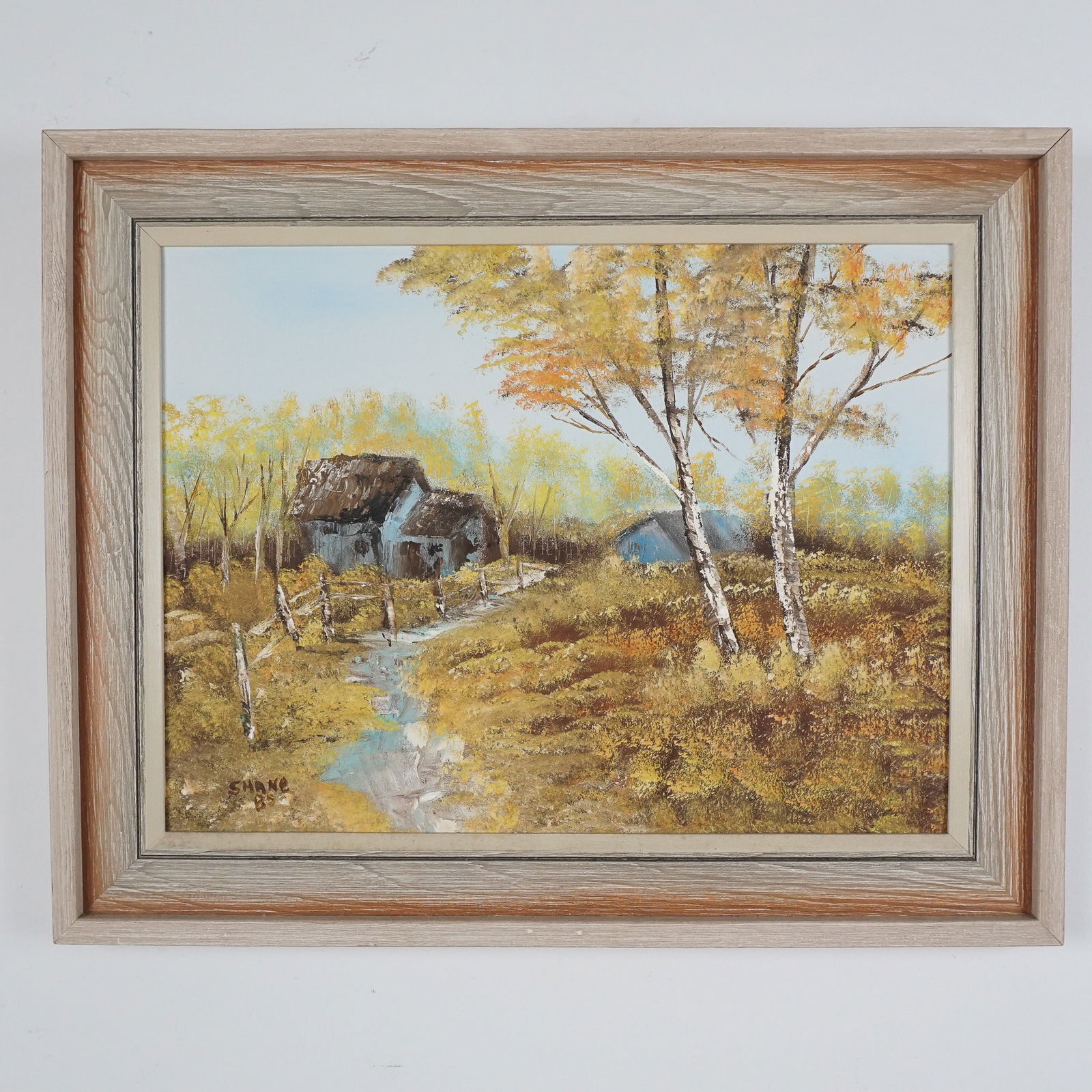 Shane, Oil on Canvas Painting, Rural Landscape, Signed: This serene oil painting captures a rustic rural scene featuring a pair of weathered houses nestled amidst a lush, golden landscape. A soft stream winds through the foreground, bordered by vibrant